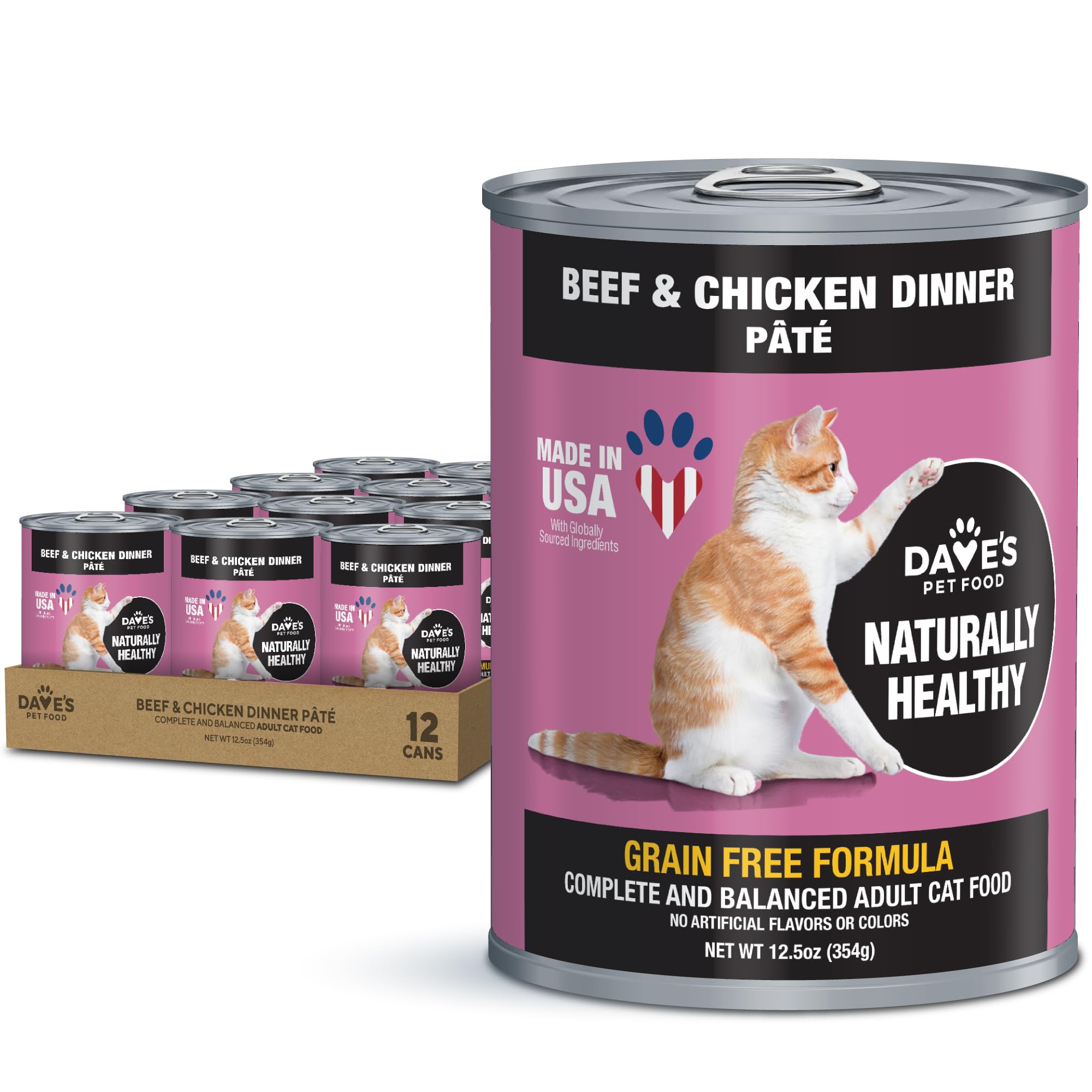 Dave's Pet Food Grain Free Wet Cat Food Pate - Beef & Chicken Recipe - Made in USA - Natural & Healthy Canned Cat Food - 12.5 oz Cans (12 Pack) - Perfect for Adult Cats & Kittens with Sensitive Stomachs