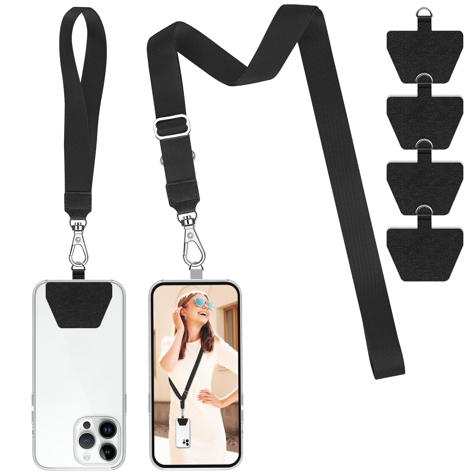 Adjustable Phone Lanyard Neck & Wrist Strap with 4 Patches - for Smartphones (Black) - Perfect for Work & Travel