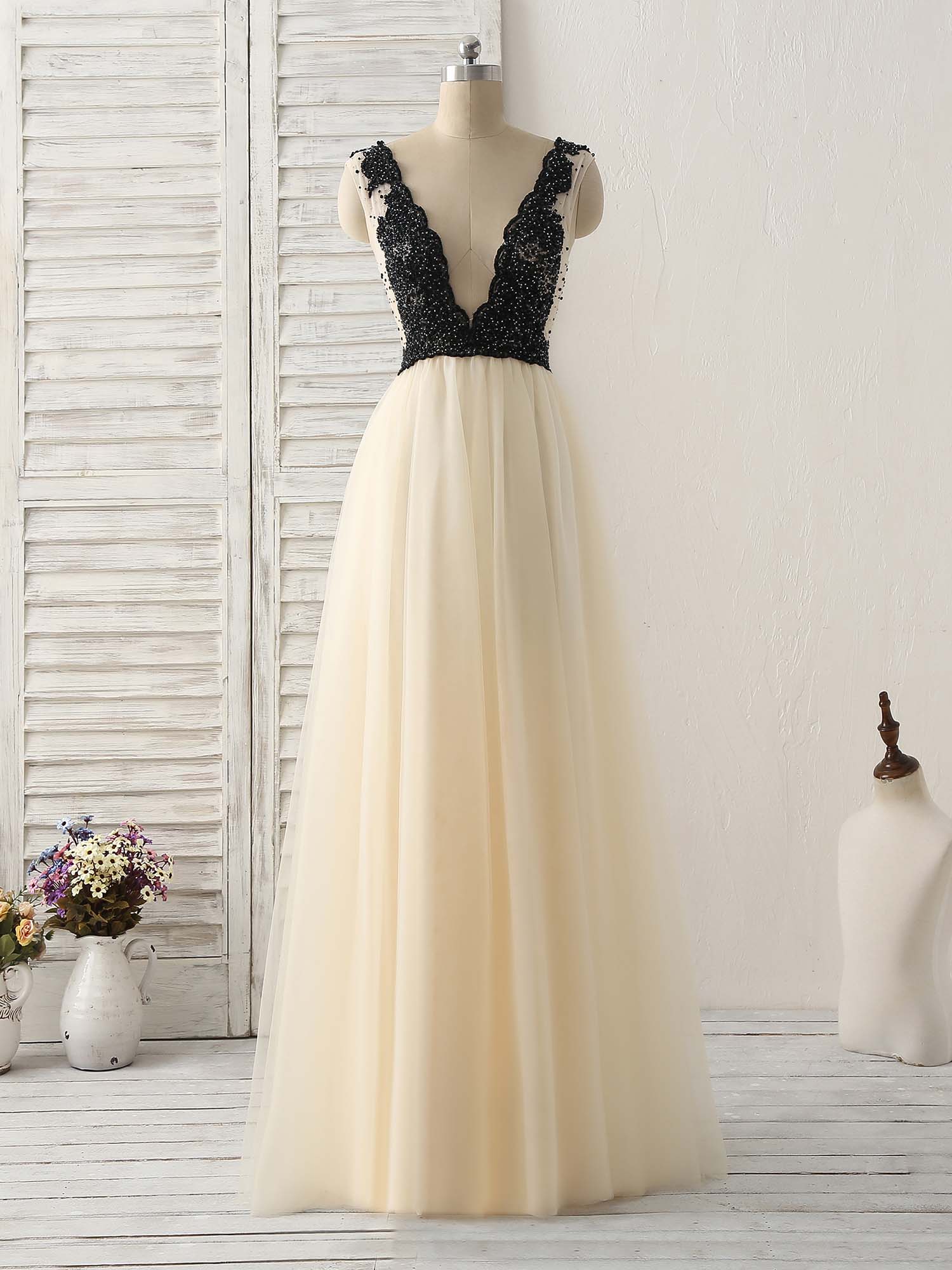 Elegant Light Champagne V-Neck Beaded Tulle Long Prom Dress | Formal Evening Gown for Homecoming, Wedding & Special Occasions