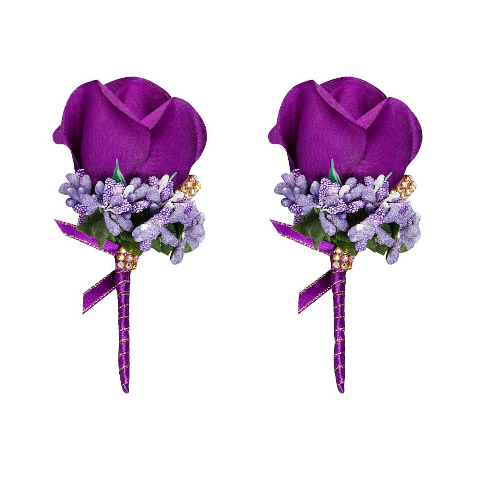 2pcs Wedding Flower Brooch - Elegant Simulation Rose & Berry Rhinestone Brooch Set for Bridal Bouquet, Bridesmaid Gifts, Corsage, Home Wall Decor (Purple) - Perfect for Weddings, Parties, Room Decorations & Photo Backdrops