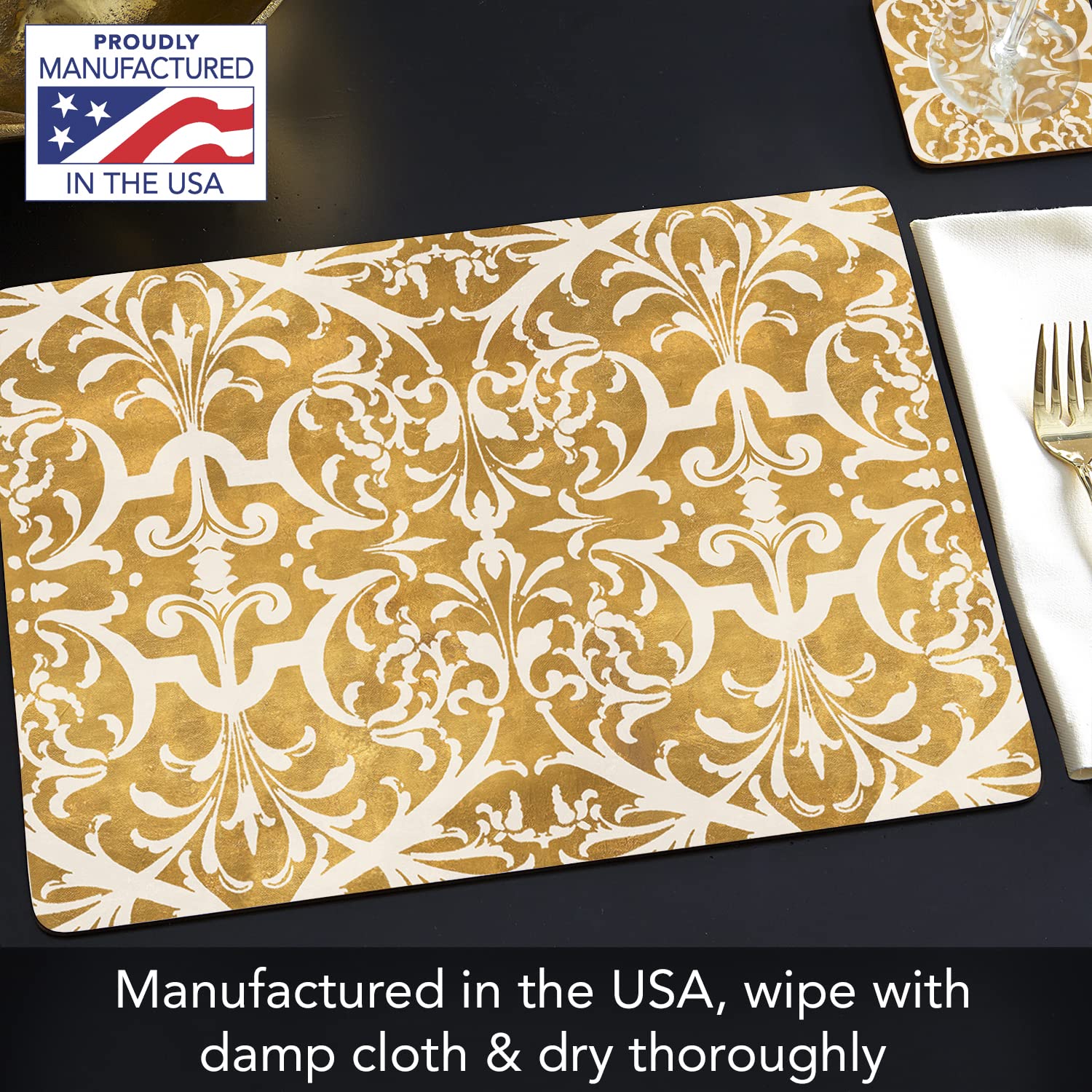 Premium Gilded Decorative Hardboard Cork Back Tabletop Placemats - Set of 4 - Heat Resistant & Easy to Clean - Made in USA - Perfect for Dining Tables, Kitchen Countertops & Home Decor