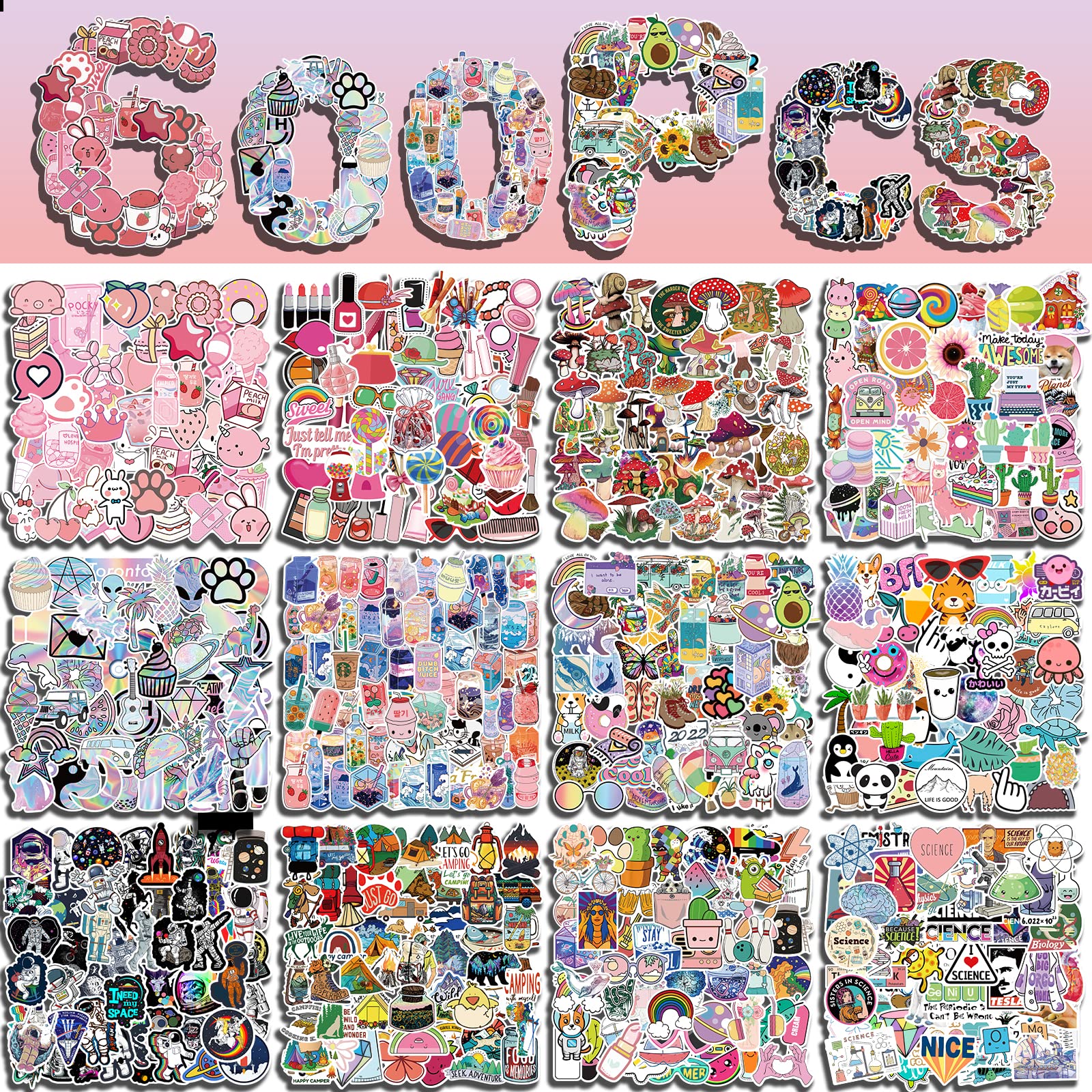 600 PCS Colorful Waterproof Vinyl Stickers Pack - Cute Art Stickers for Water Bottles, Skateboards, Laptops & Notebooks - Perfect for Teens, Girls, Kids & Adults - Great for DIY Crafts, School Supplies & Personalizing Belongings