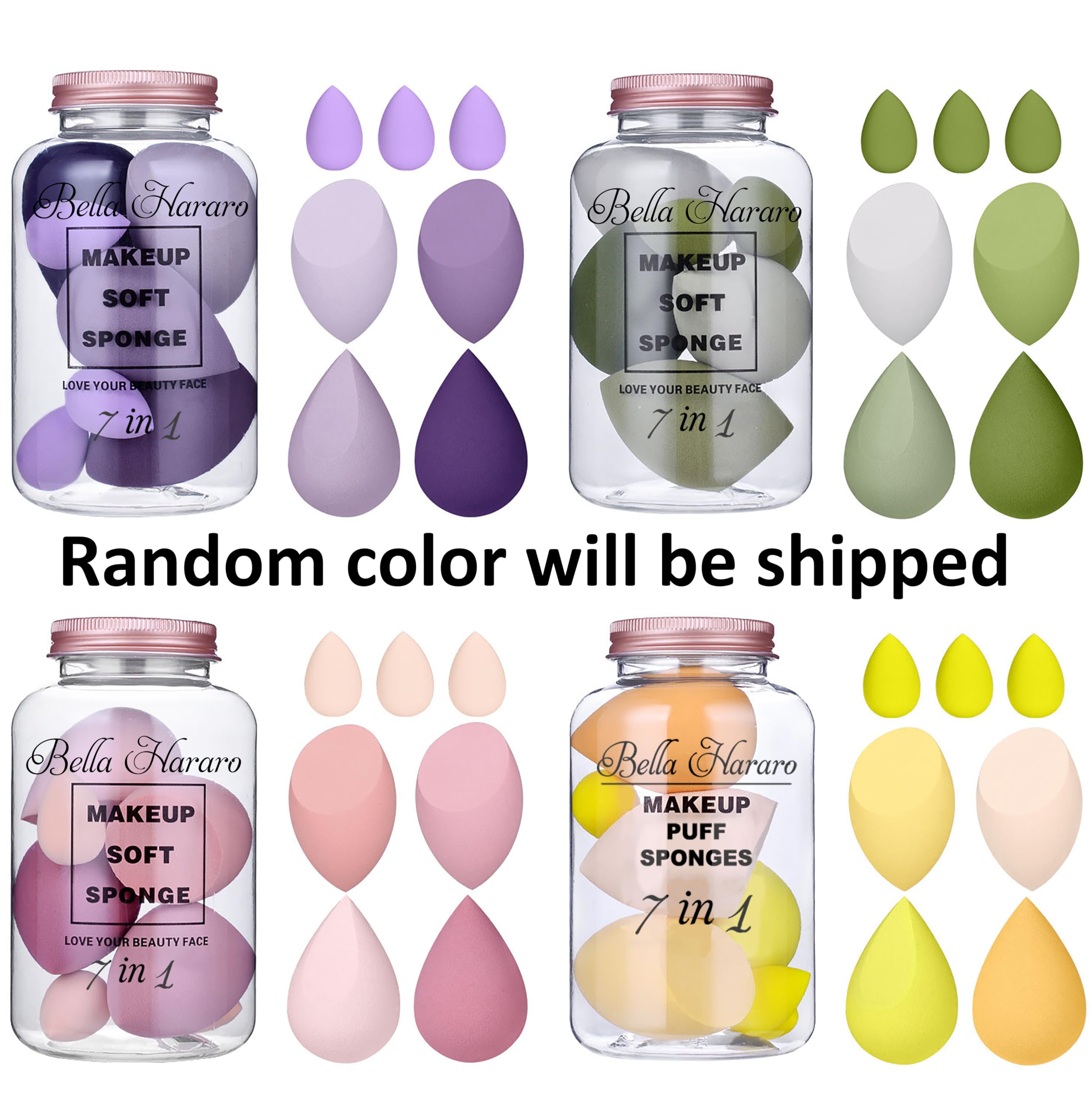 Bella Hararo 7-in-1 Elastic Soft Makeup Sponge Beauty Blender with Plastic Jar - Purple | Foundation Blending, Contouring & Highlighting | Perfect for Professional Makeup & Travel