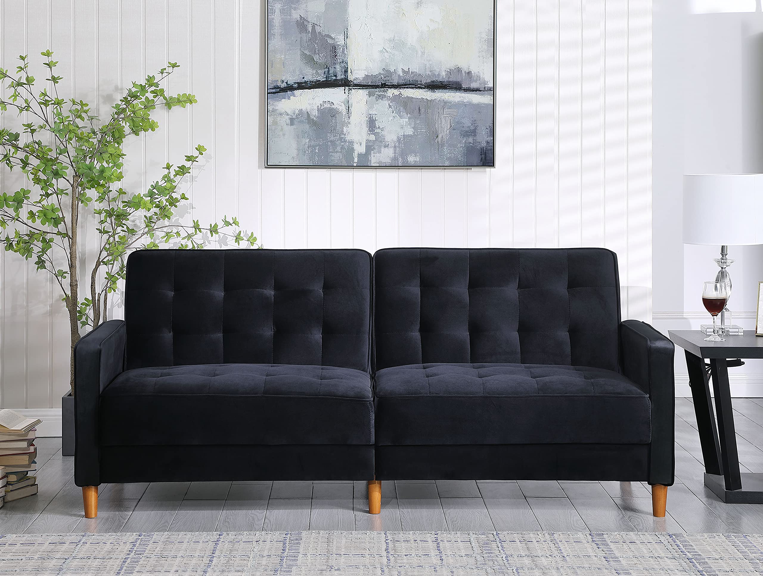 Velvet Sofa Bed - Convertible Mid Century Modern Sleeper Loveseat with Square Arms, Upholstered Recliner Couch for Small Spaces | Perfect for Home, Living Room, Studio Apartments & Guest Rooms (Black)