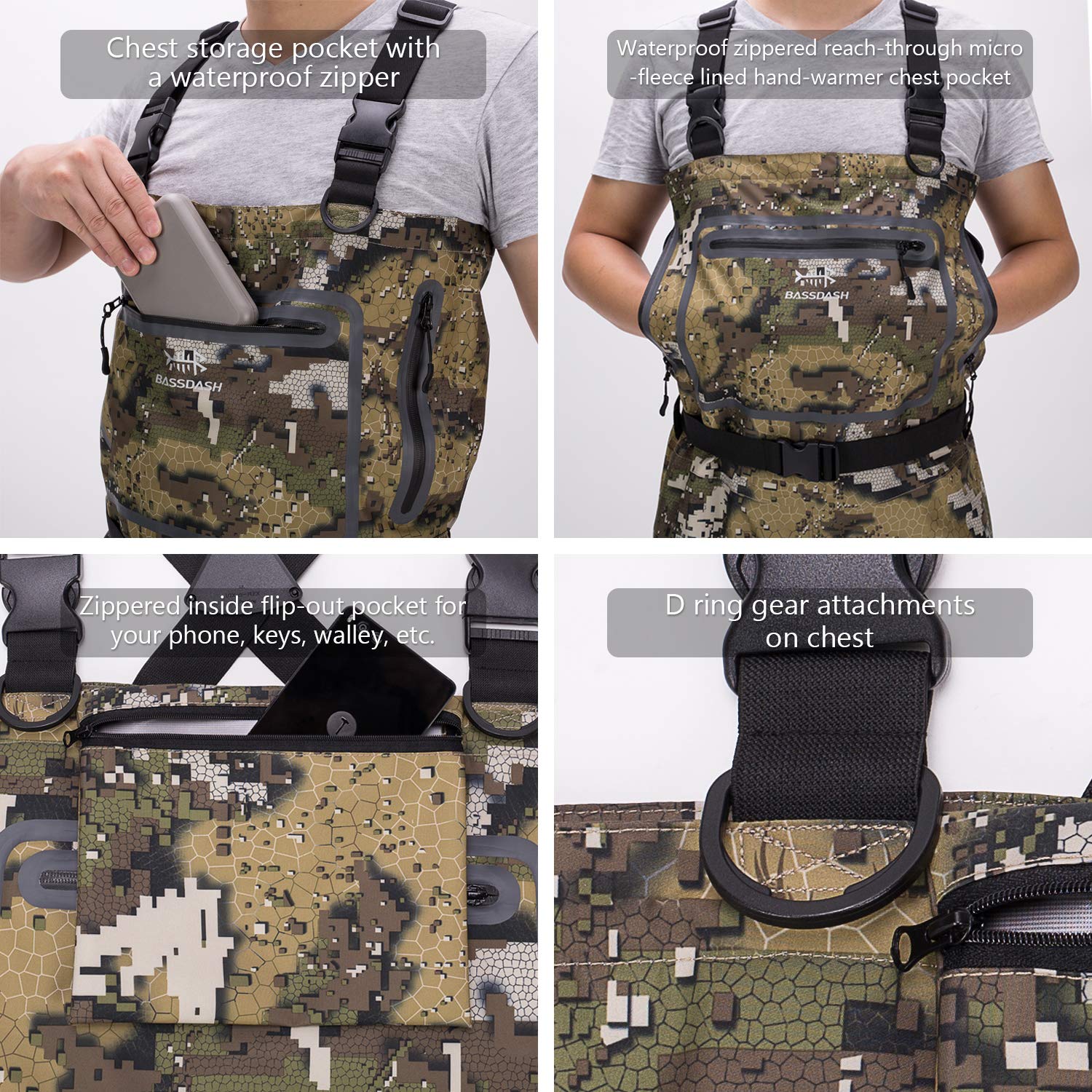 BASSDASH Men's Breathable Ultra Lightweight Camo Chest Waders for Fishing & Hunting – Waterproof Stocking Foot Design for Outdoor Adventures
