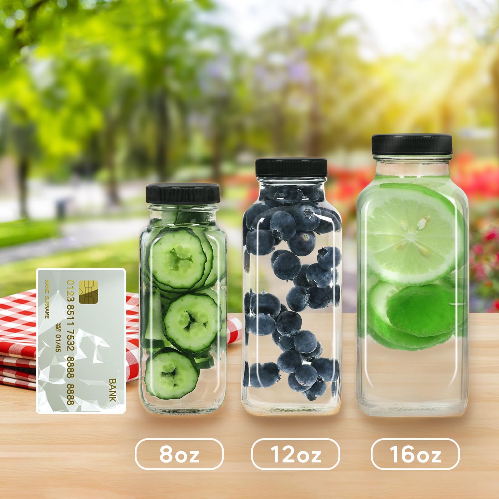 STARSIDE 8 oz Glass Drinking Bottles with Lids - 12 Pack Square Vintage Water Jars - Reusable Juice Bottles for Milk, Kombucha, Ginger, Smoothies - Perfect for Home, Office, Picnics & Meal Prep