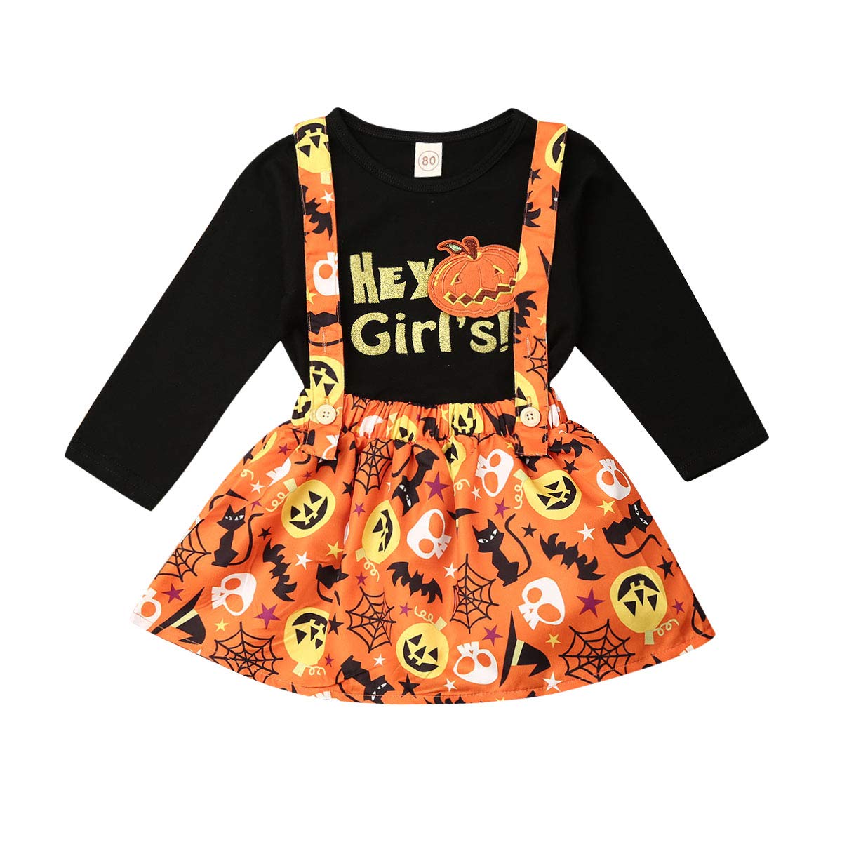 2Pcs Baby Girls Halloween Outfit Set - Pumpkin Long Sleeve T-Shirt & Halter Skirt with Overall | Cute Toddler Costume for Fall Festival, Photo Shoots & Trick or Treating
