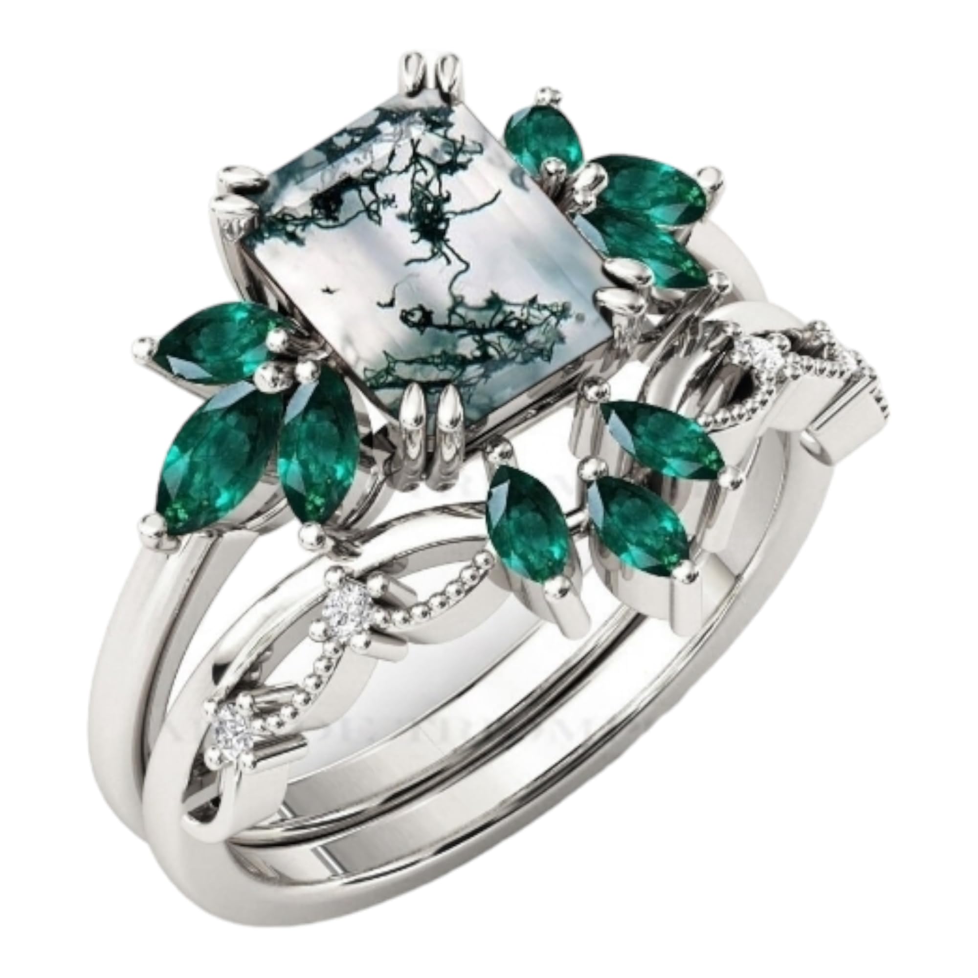 925 Silver Emerald Cut Moss Agate Wedding Ring Set for Women - Anniversary, Engagement & Promise Ring in White Gold Plated (Size 5) | Perfect for Bridal Jewelry, Gift Giving & Special Occasions