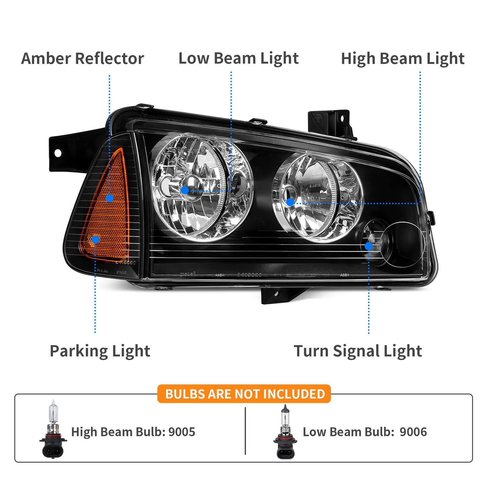 DWVO Headlight Assembly for 2006-2010 Dodge Charger - Black Housing with Amber Reflector (Pair) | Replacement Headlights for Improved Night Visibility & Style Upgrade