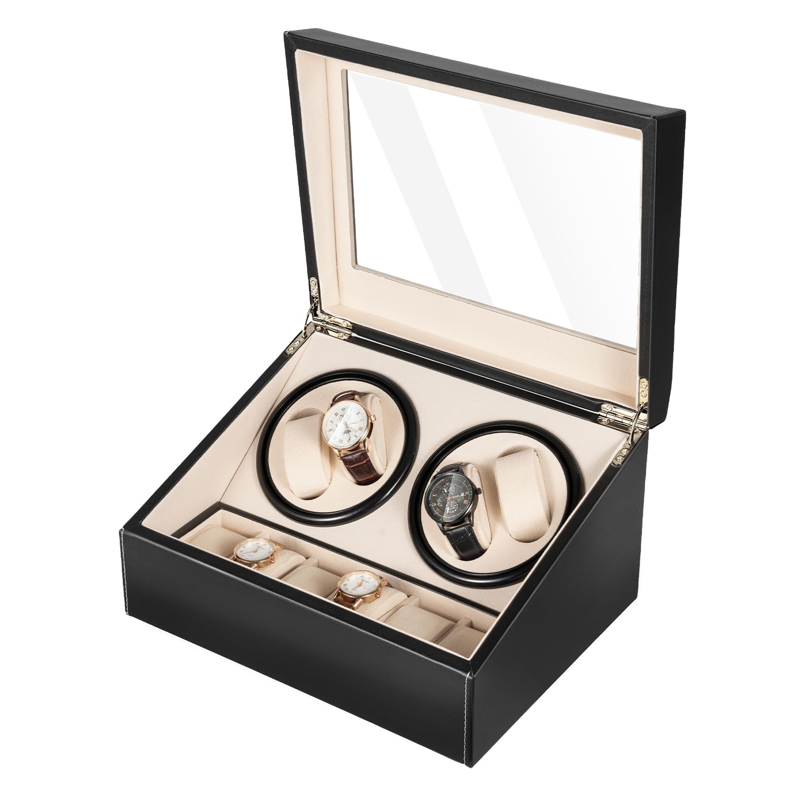 DYRABREST Automatic Watch Winder for 4 Watches - Super Quiet Motor, Bidirectional Rotation with 6 Extra Storage Slots - AC Powered Watch Box for Mechanical & Self-Winding Watches - Perfect for Watch Collectors, Travel & Nightstand Storage