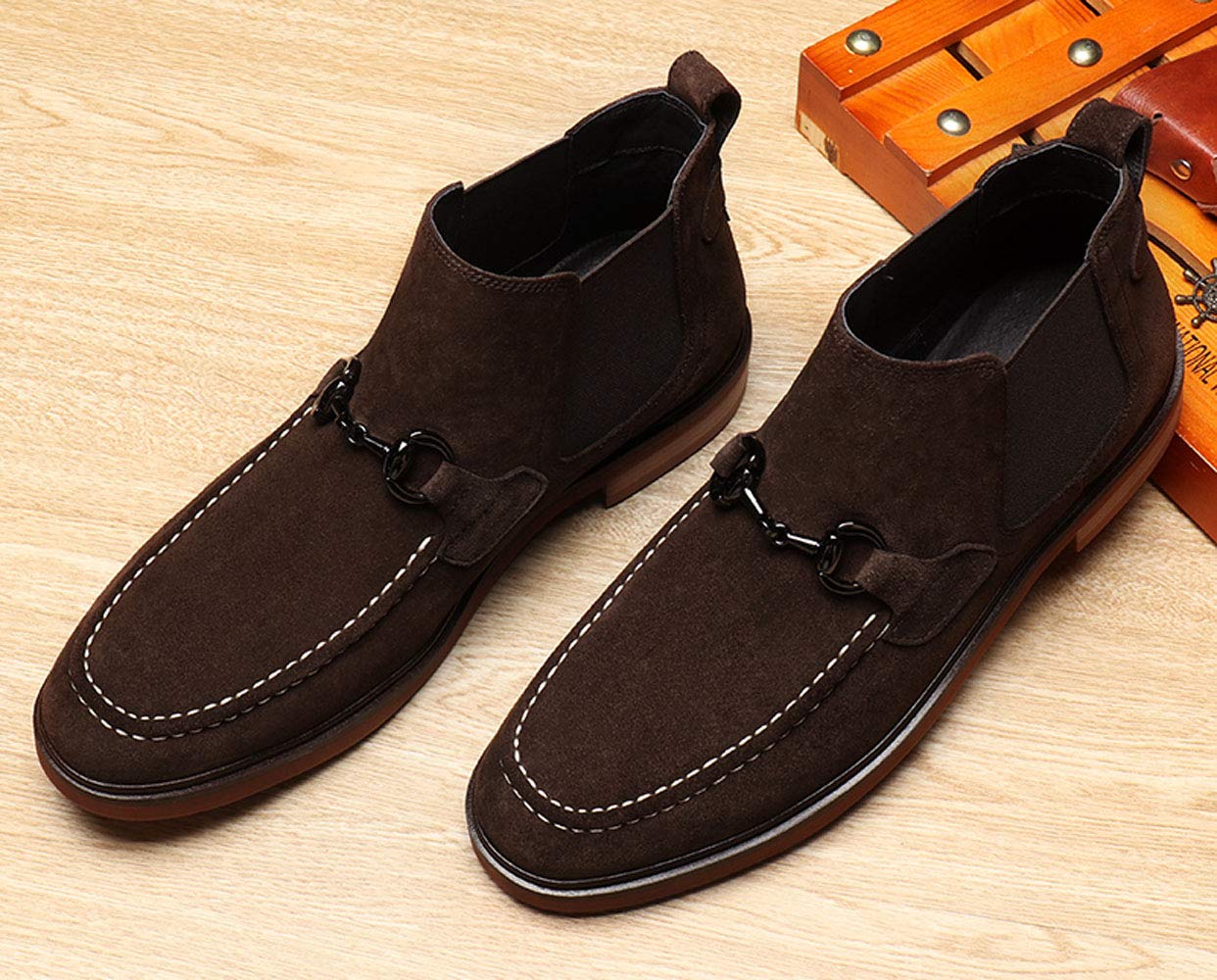 Santimon Men's Chelsea Boots - Suede Casual Buckle Ankle Dress Boots for Men (Black/Brown) | Waterproof Slip-On Shoes for Work, Office & Outdoor Activities