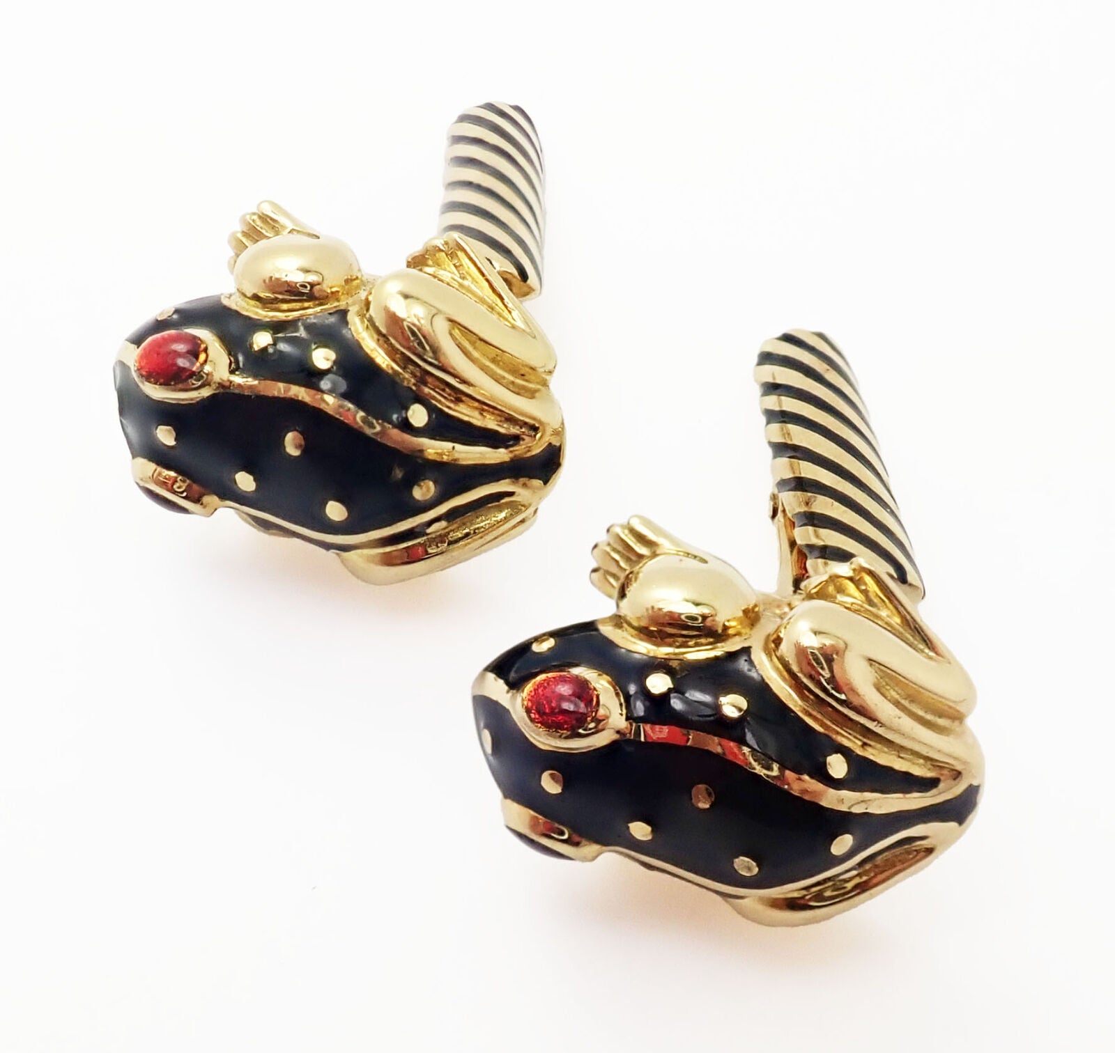 Authentic Vintage David Webb 18K Yellow Gold Ruby & Black Enamel Frog Cufflinks - Luxury Jewelry Gift for Men, Perfect for Weddings & Formal Events