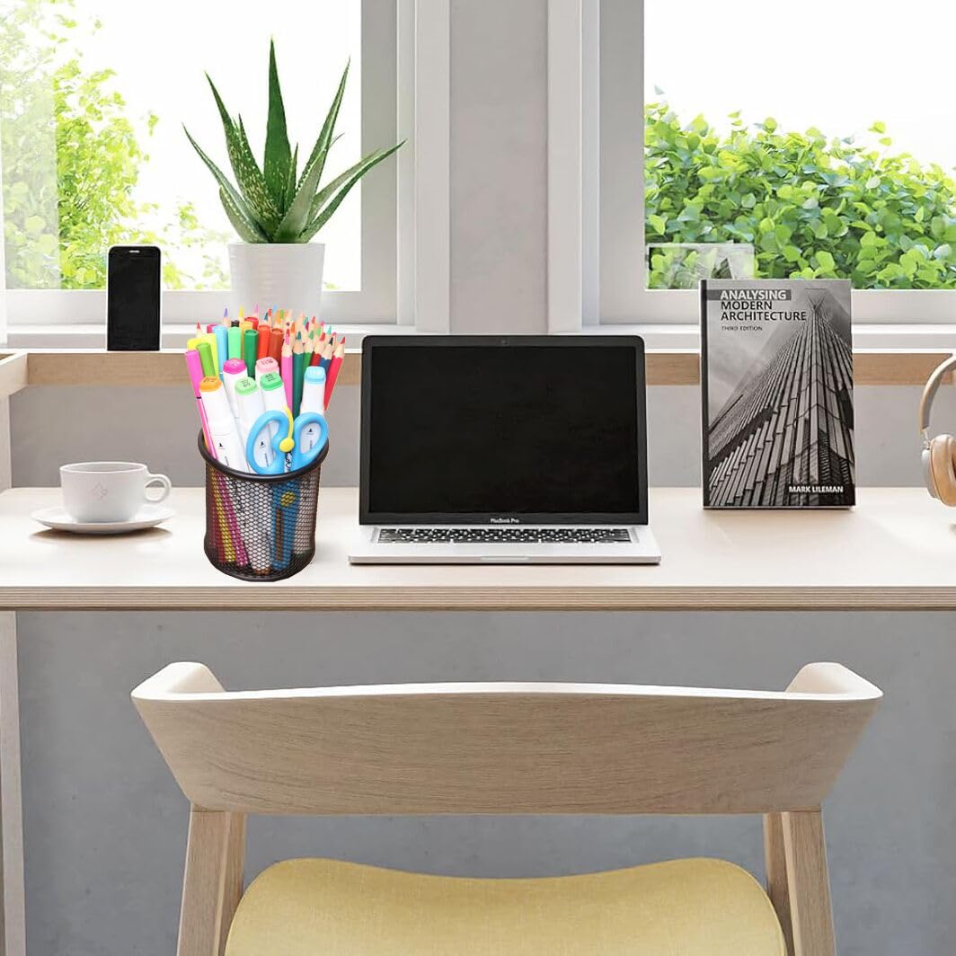 4 Pack Black Metal Mesh Pen Holder Cup - Desk Organizer for Pencils, Pens & Office Supplies | Perfect for Home, Office & School Use
