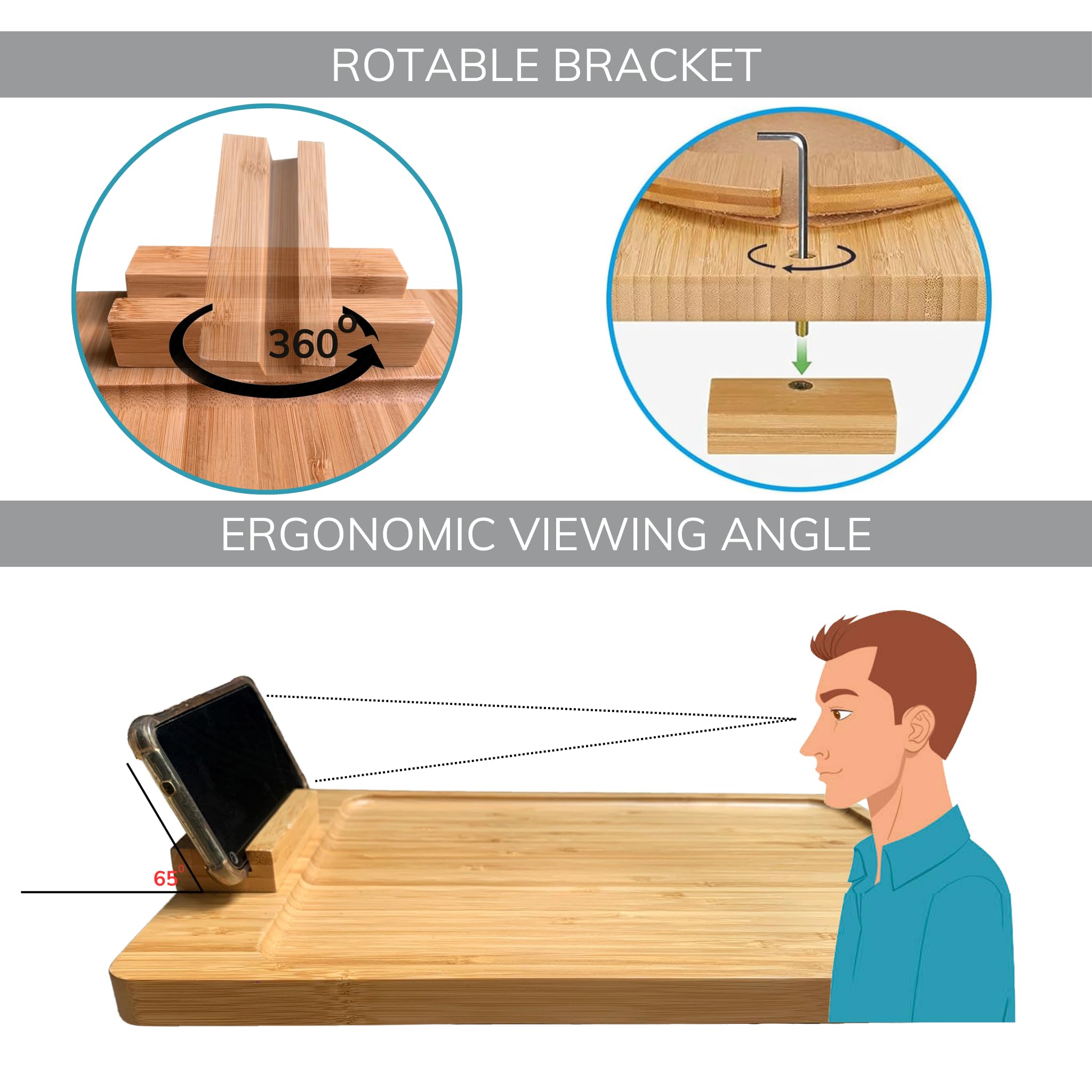 360° Rotating Bamboo Sofa Armrest Tray - Foldable Clip-On Side Table for Wide Couches with Phone Holder (Natural, 15.8 Inch) - Perfect for Living Room Snacking, Laptop Work & Movie Nights