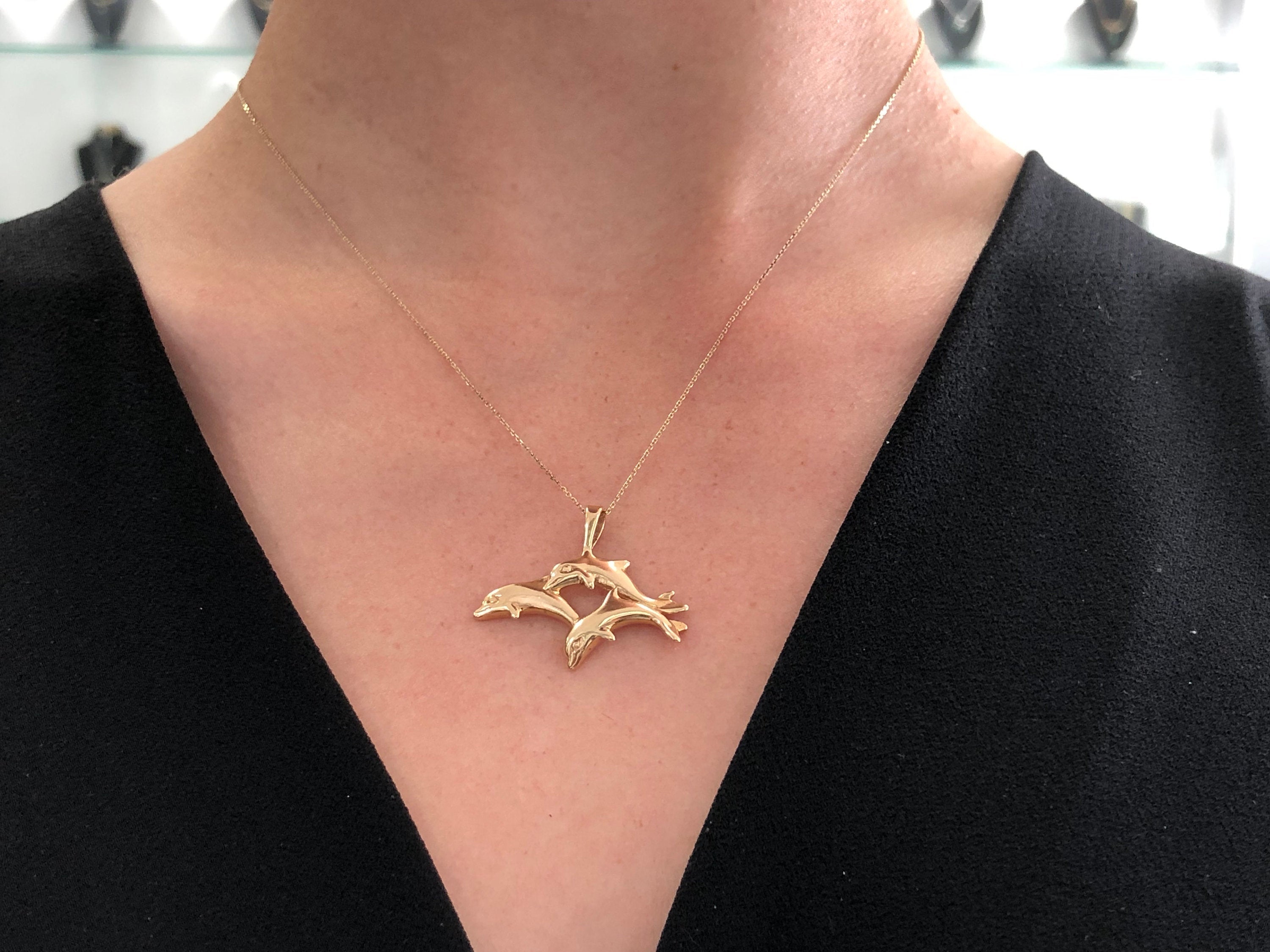 14K Yellow Gold Dolphin Pendant Necklace - Elegant Nautical Jewelry Gift for Women - Perfect for Beach Vacations, Ocean Lovers & Special Occasions