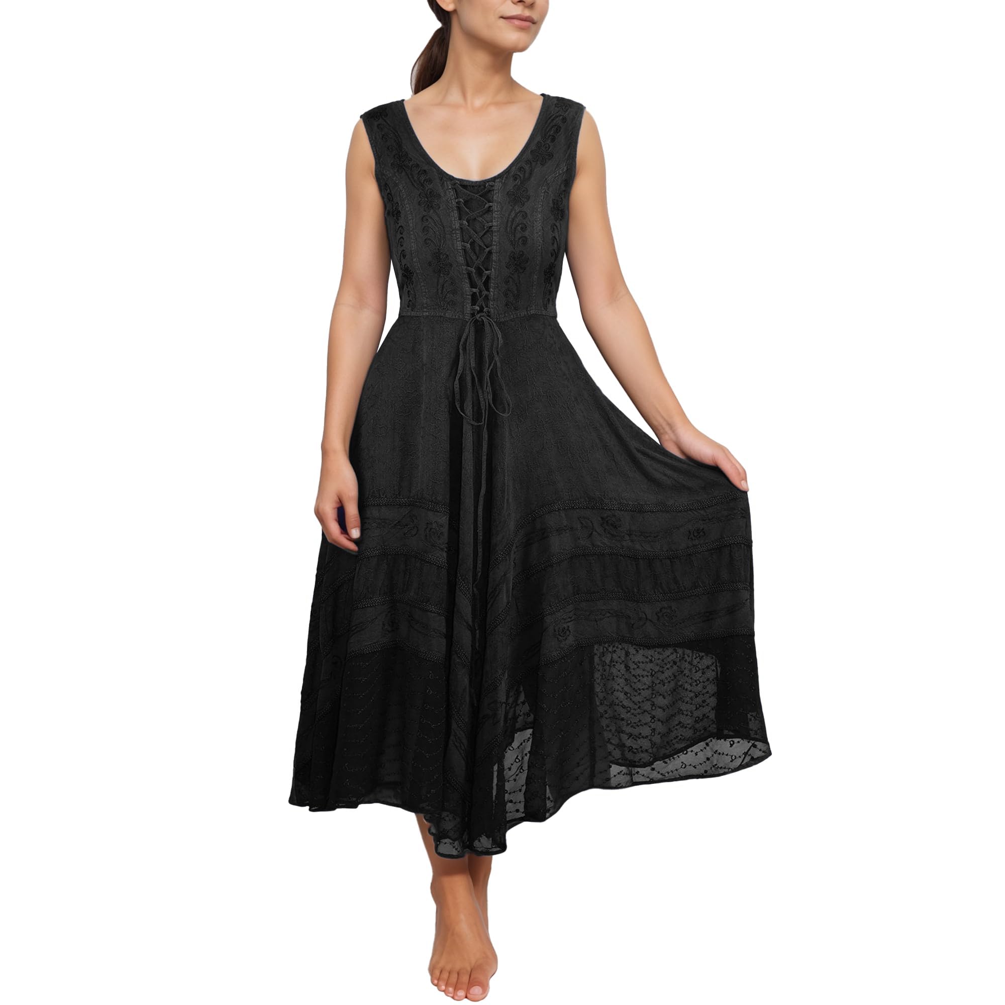 Agan Traders Women's Gothic Corset Maxi Dress - Sleeveless Embroidered Smocked Summer Dress with Twirl Skirt | Perfect for Spring/Summer Weddings, Parties & Gothic Fashion