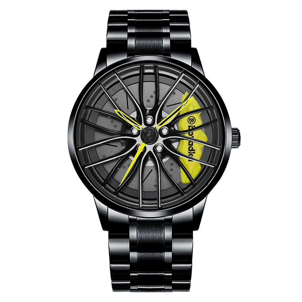 Stainless Steel Car Wheel Watch with Japanese Quartz Movement - Waterproof Sports Wristwatch for Men - Perfect for Racing Enthusiasts & Car Lovers - Ideal for Driving, Motorsport Events & Everyday Wear