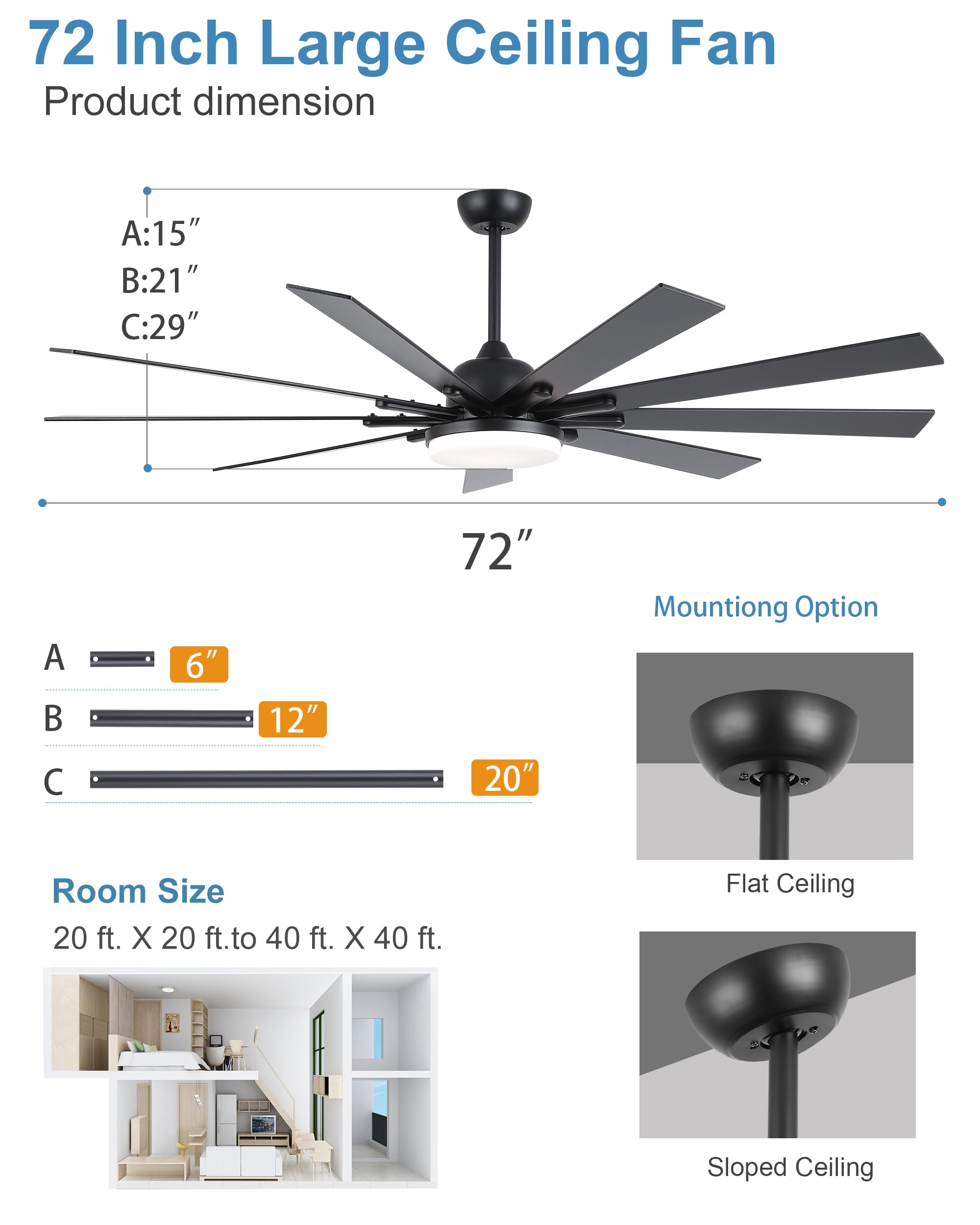 72 Inch Large Ceiling Fan with Lights and Remote Control - 9 Wooden Blades, Black - Quiet 3 CCT Dimmable LED, 6 Speed Adjustable - Perfect for Living Room, Bedroom, Patio, and Outdoor Spaces
