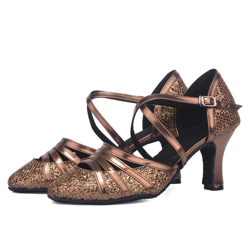 Women's Glitter Latin Salsa Tango Dance Shoes - Cross Strap Closed Toe Ballroom Party Shoes for Professional Performances & Social Dancing (Style 512)