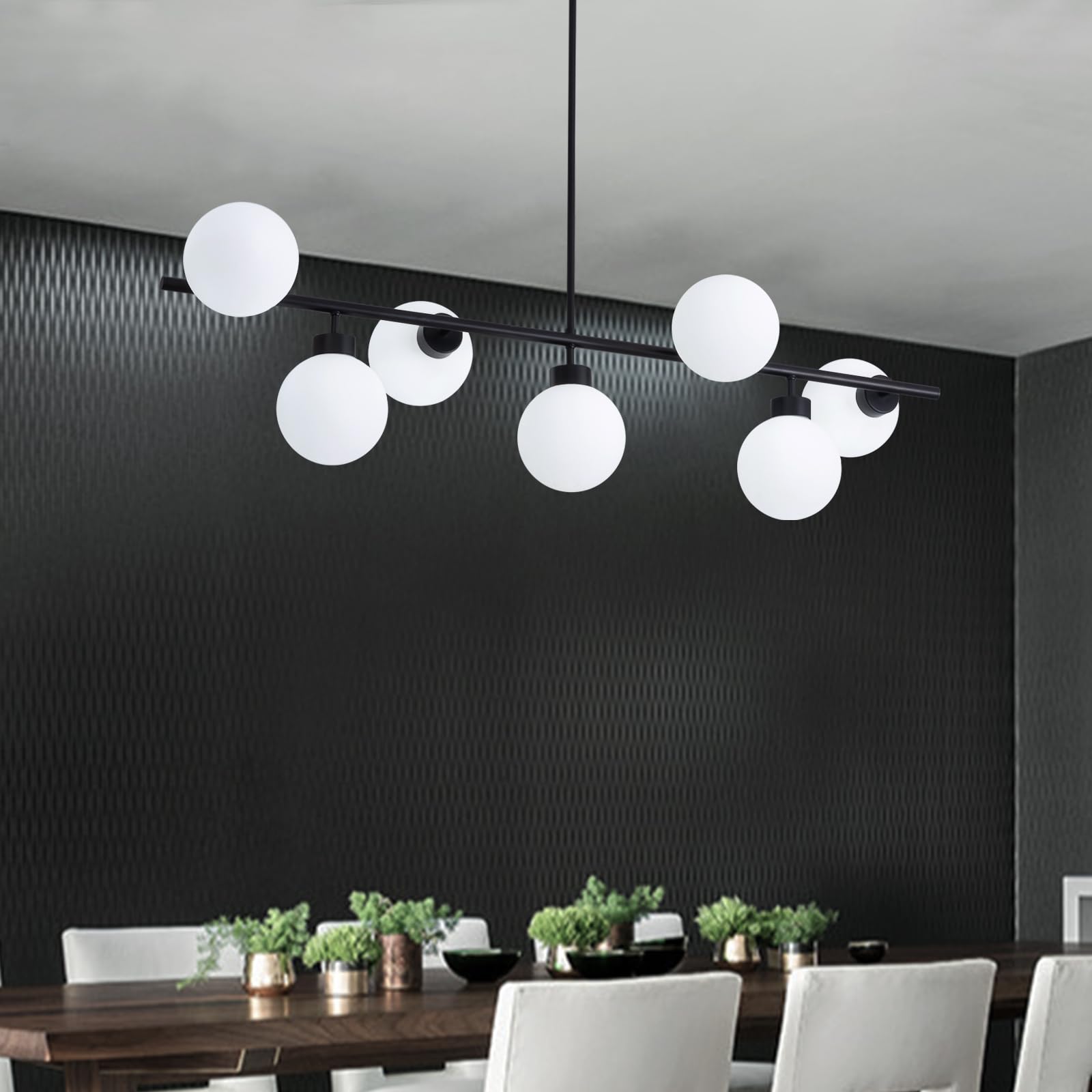 Crossio 7-Light Modern Linear Chandelier - Mid Century Black Sputnik Pendant Light with Glass Globe Rectangular Fixture - 47