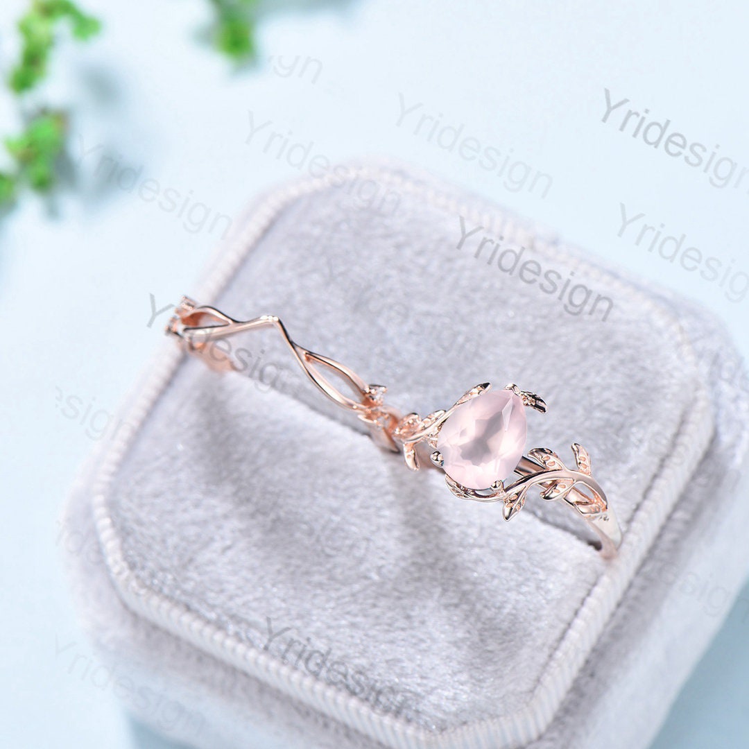 Natural Rose Quartz Ring Set for Women - Unique Leaf Engagement Ring with Pink Crystal Solitaire, Valentine's Day Wedding Jewelry Gift for Her - Perfect for Proposals, Anniversaries & Romantic Occasions