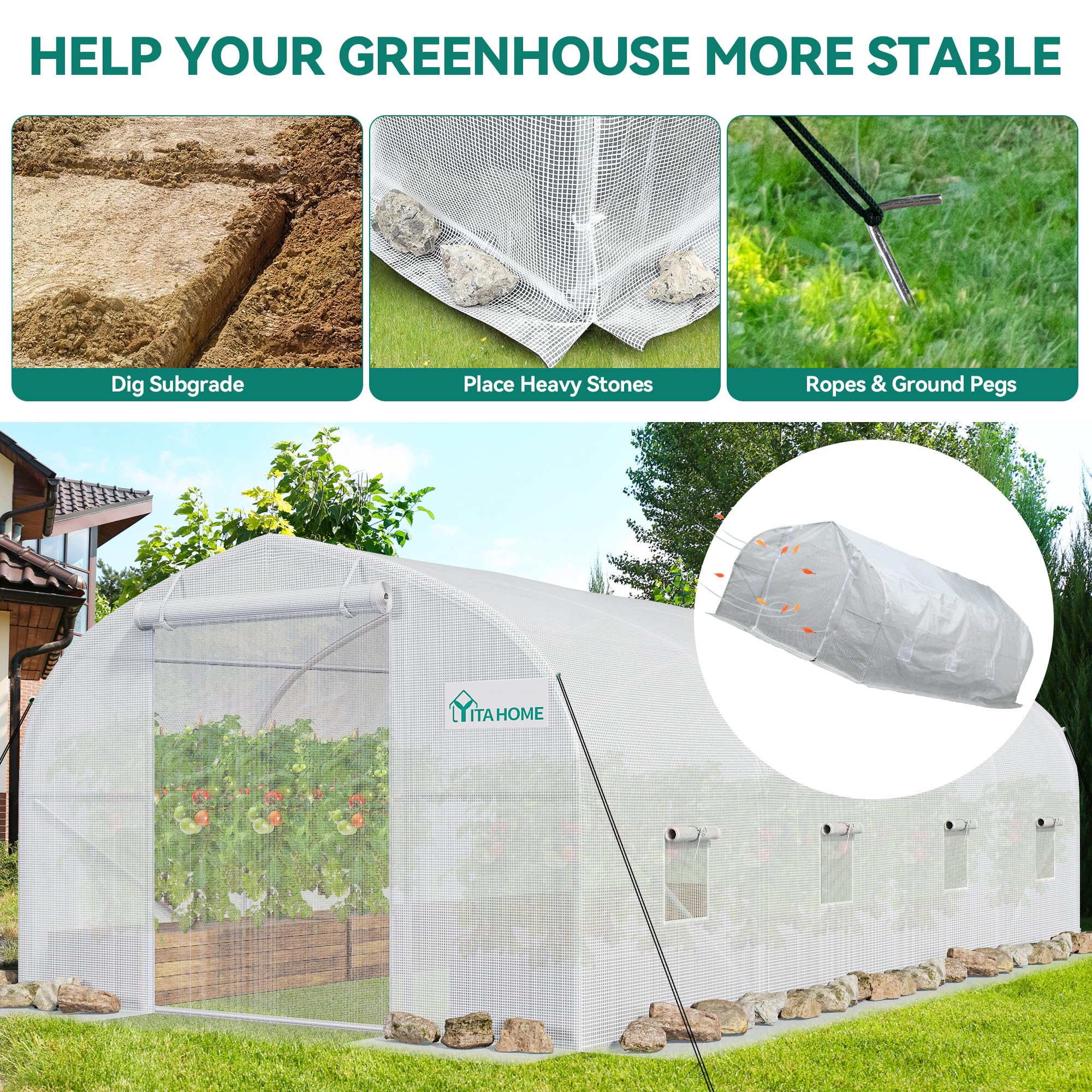 YITAHOME 20x10x6.5ft Large Heavy Duty Greenhouse with Galvanized Steel Frame - Outdoor Plant Gardening Tunnel with Zipper Doors & 7 Crossbars - Perfect for Backyard Gardening, Plant Protection, and Year-Round Growing (White)