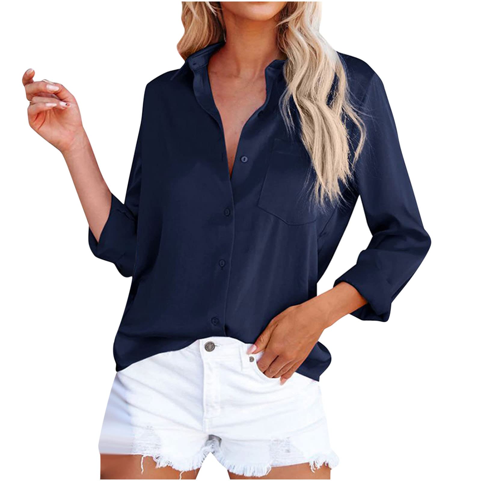 Women's Summer Long Sleeve Loose Lapel Blouse - Casual Single Breasted Shirt Tops for Office, Dating & Outdoor Activities