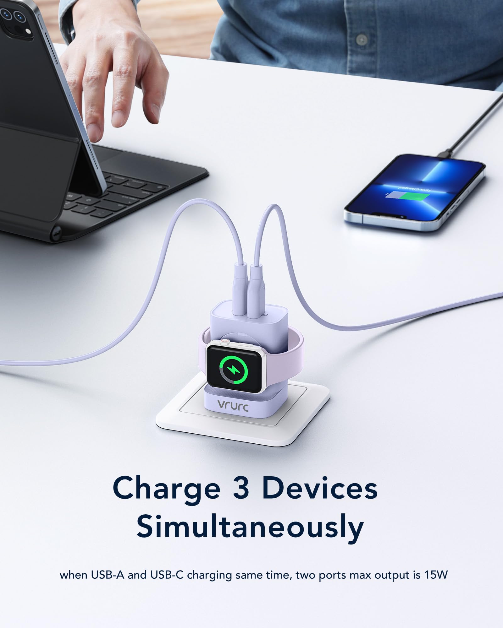 VRURC 3-in-1 Magnetic Wireless Charger for Apple Watch Series 10/9/8/7/6/5/4/3/SE/Ultra, iPhone 16/15/14/13 & Android Phones - 20W PD Fast Charging, Portable Travel Charging Station (Purple) - Perfect for Home, Office & On-the-Go Charging