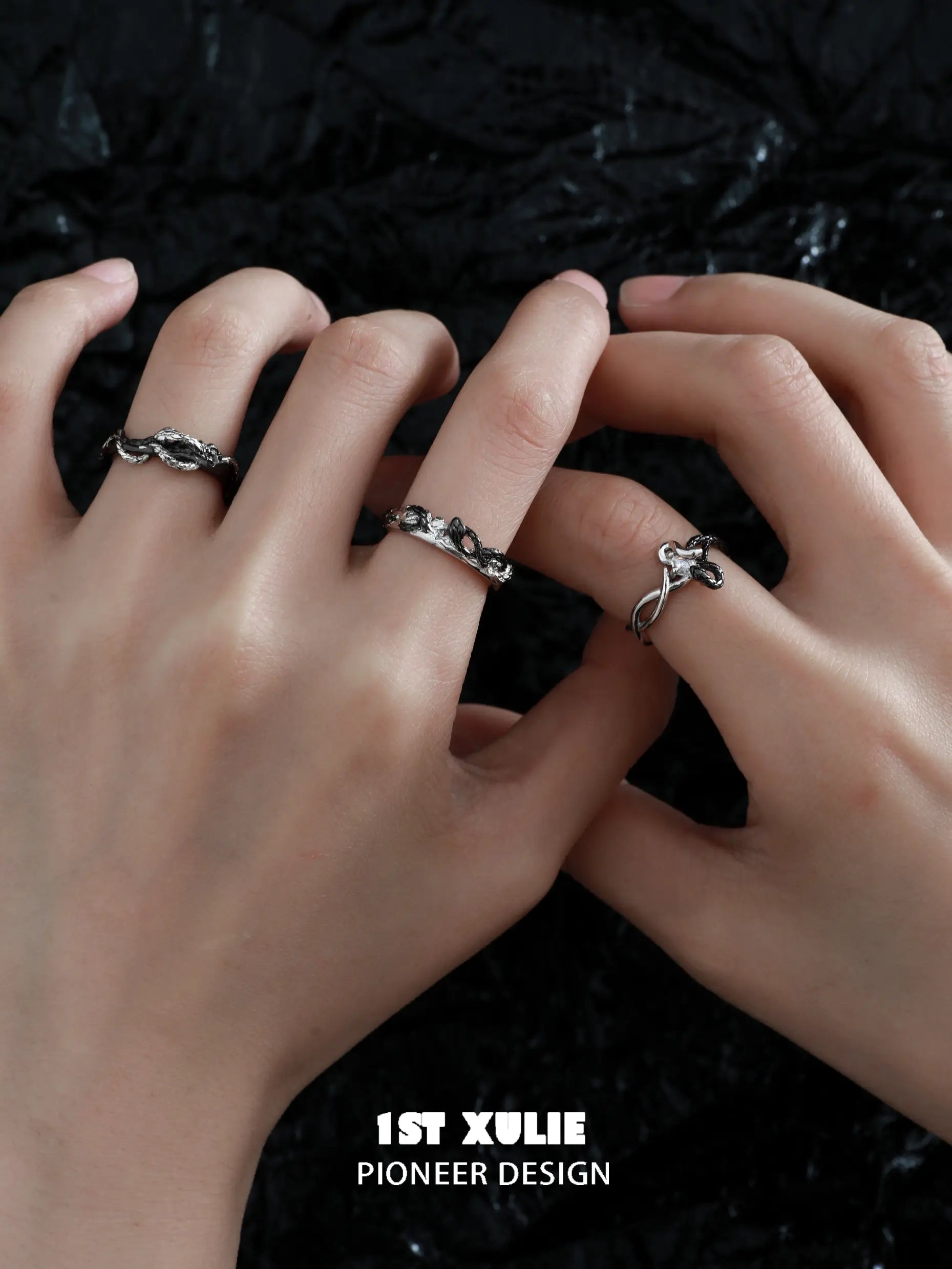 Snake Bite White & Black Serpent 925 Sterling Silver Adjustable Open Ring for Women | Gothic Jewelry, Punk Fashion Accessory, Halloween Costume Jewelry