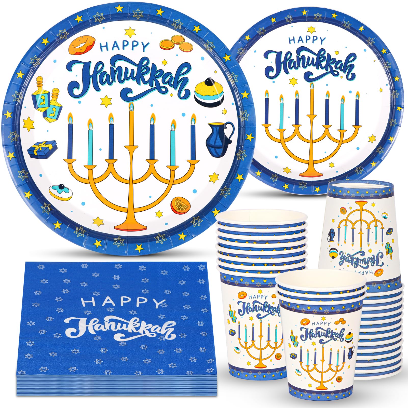 Happy Hanukkah Party Supplies Set - 24-Pack Plates, Cups & Napkins for Jewish Chanukah Themed Celebrations | Perfect for Hanukkah Birthdays, Family Gatherings & Holiday Parties