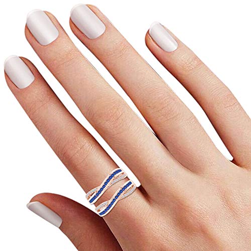 14K Gold Over Sterling Silver Round Simulated Blue Sapphire & Natural Diamond Wedding Band Ring Guard Enhancer for Women - Elegant Jewelry Gift for Brides, Anniversaries & Special Occasions