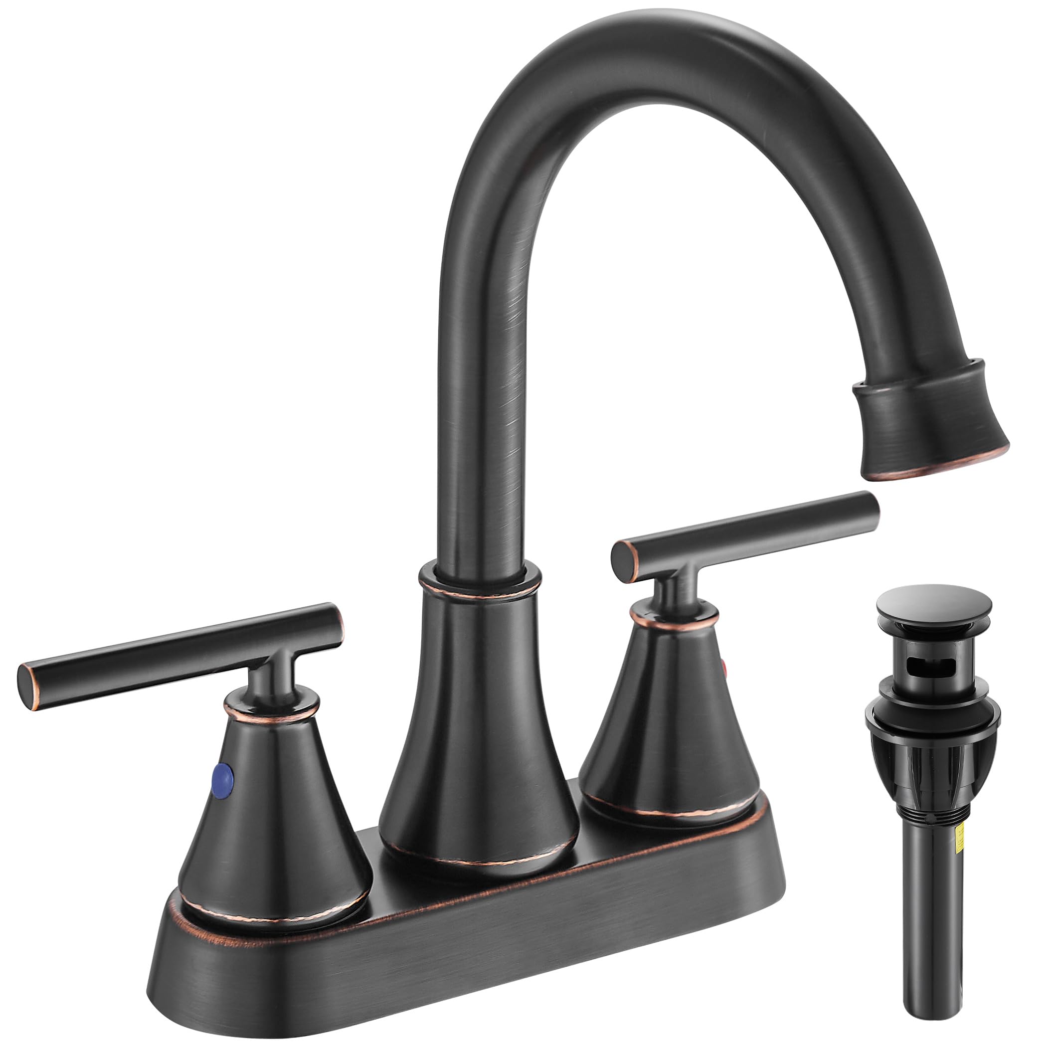 4 Inch 2-Handle Centerset Oil Rubbed Bronze Bathroom Sink Faucet - Lead-Free Modern Vanity Faucet with Pop-Up Drain Stopper & Supply Hoses - Perfect for Bathroom, Powder Room & Guest Bath Renovations