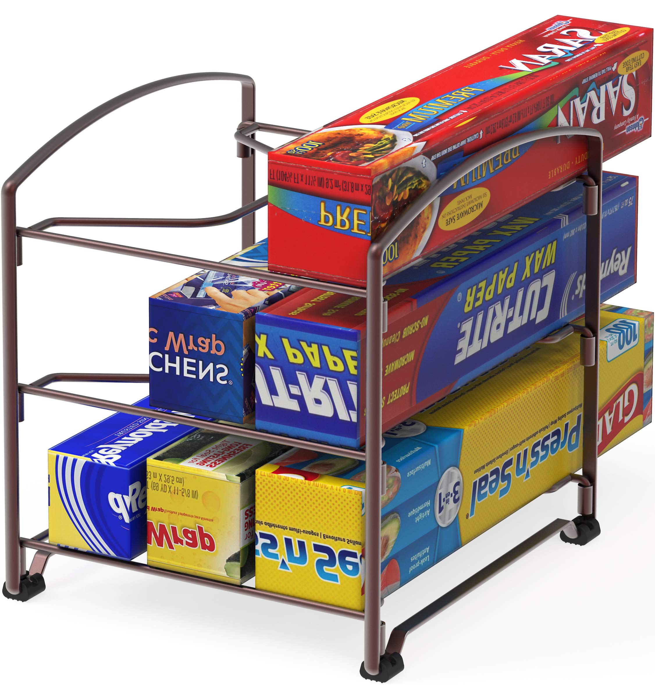 Bronze Kitchen Wrap Organizer Rack - Space Saving Foil, Plastic Wrap & Parchment Paper Holder for Pantry, Cabinet or Countertop Storage