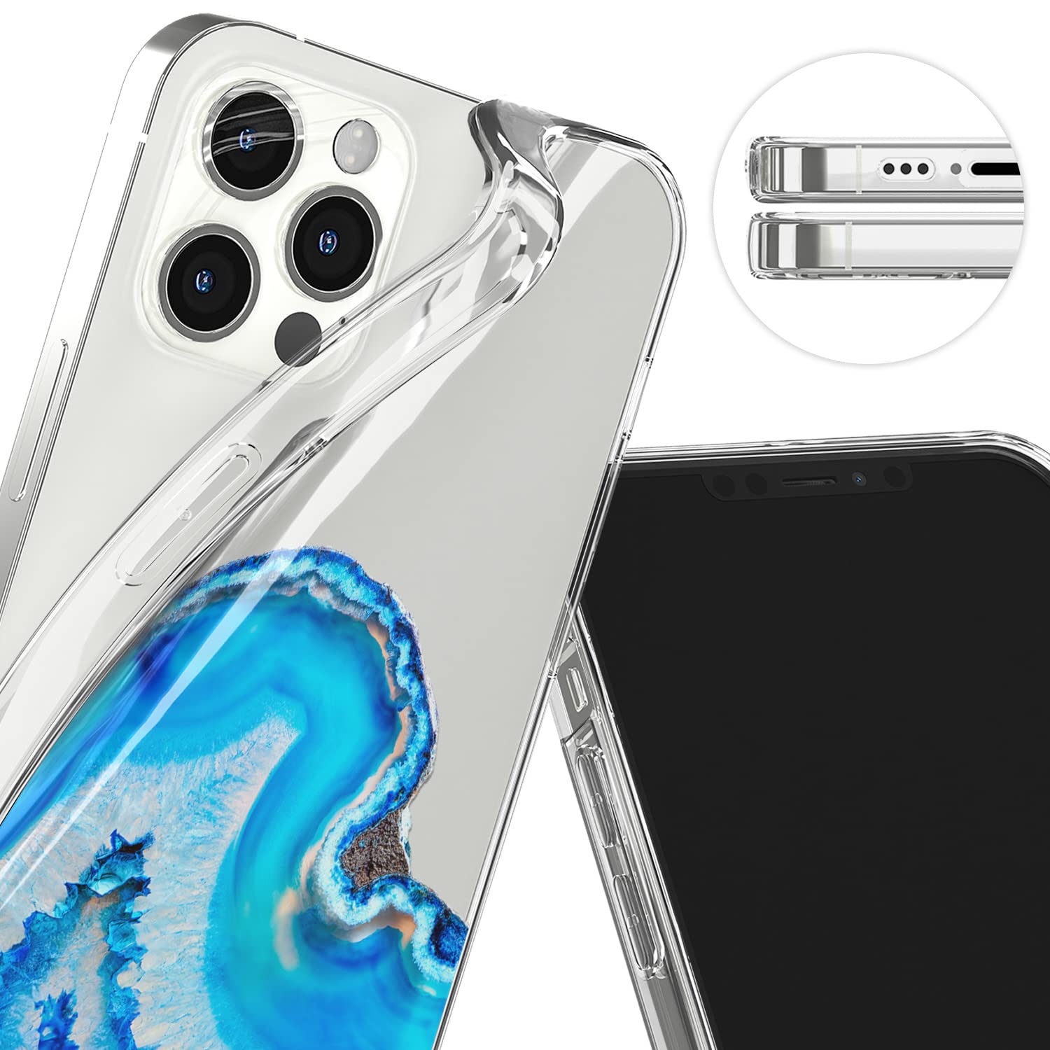 Premium Shockproof Phone Case for iPhone 15 Plus/14/13 Pro Max/12 Mini/SE/11/Xr/Xs/8/7 - Slim Clear TPU Bumper with Marble & Blue Agate Stone Design - Perfect for Daily Protection & Style Enhancement