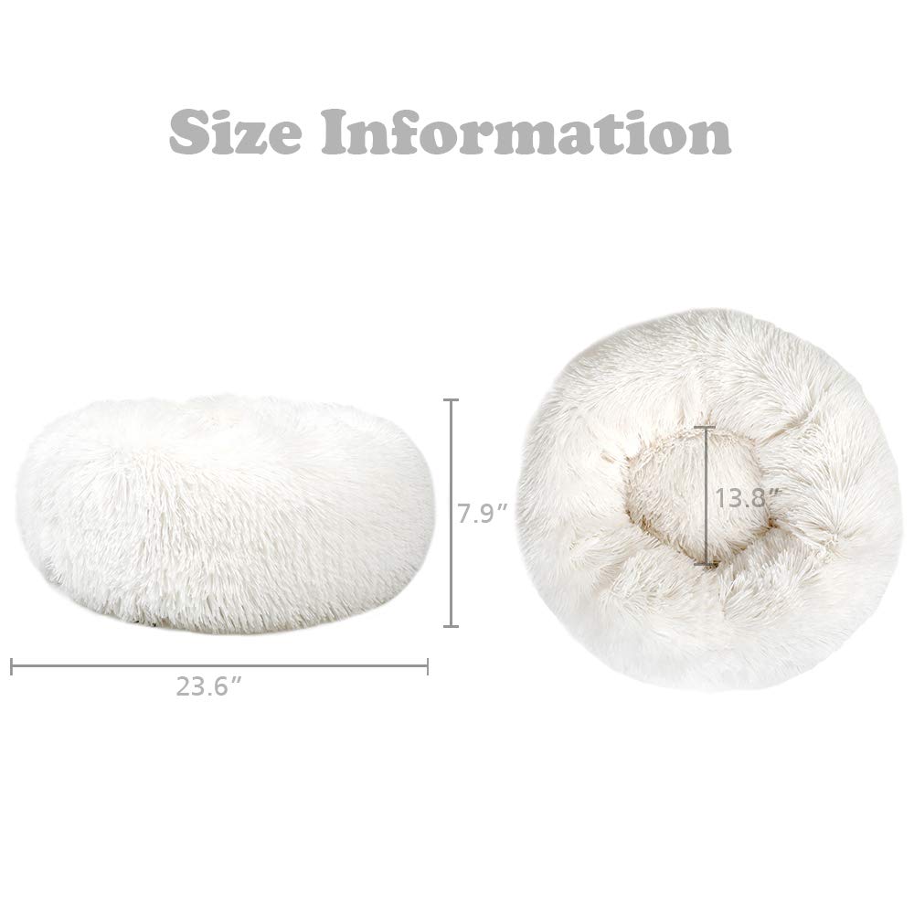 Otoez Round Donut Dog Bed for Small Dogs & Cats - Washable Fluffy Plush Anti-Anxiety Pet Bed with Non-Slip Waterproof Bottom (23.6 Inches, White) - Perfect for Calming Nervous Pets in Living Room or Bedroom