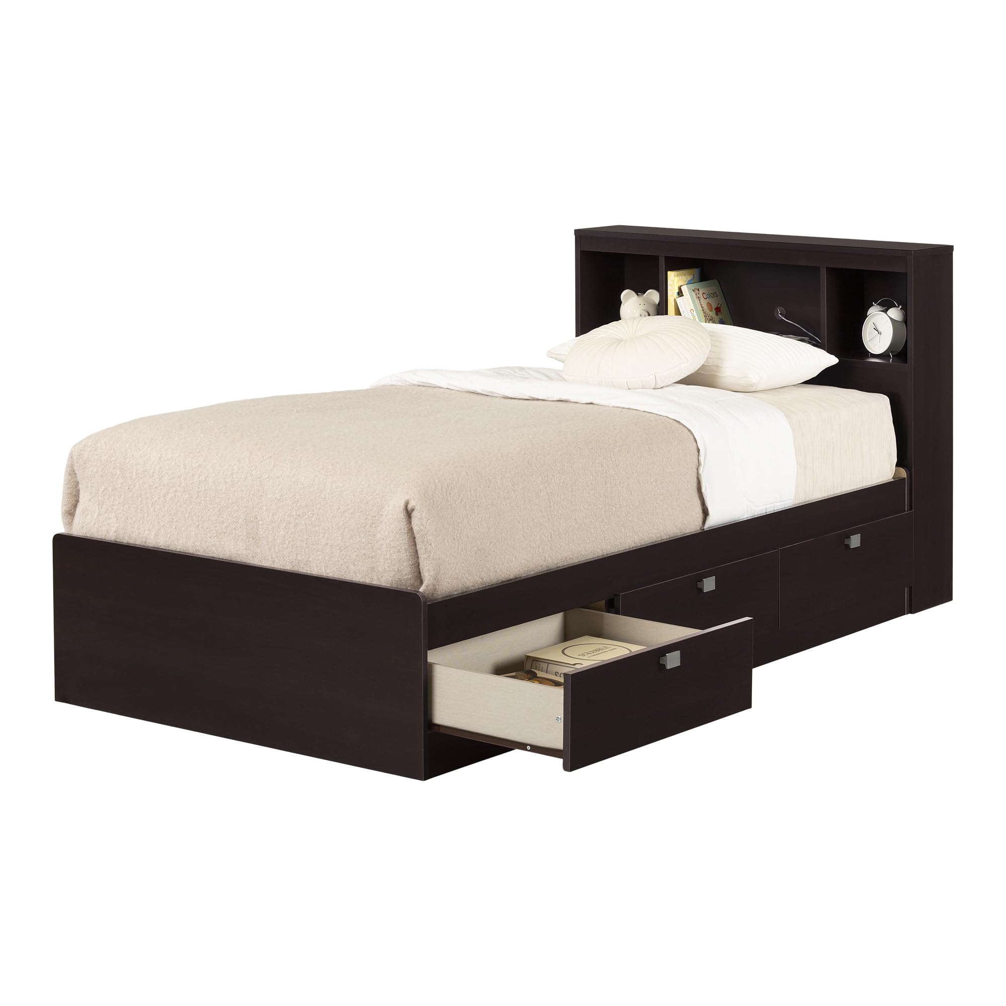 South Shore Twin Storage Bed with Bookcase Headboard in Chocolate - Space-Saving Kids Bedroom Furniture for Small Rooms & Dorm Organization