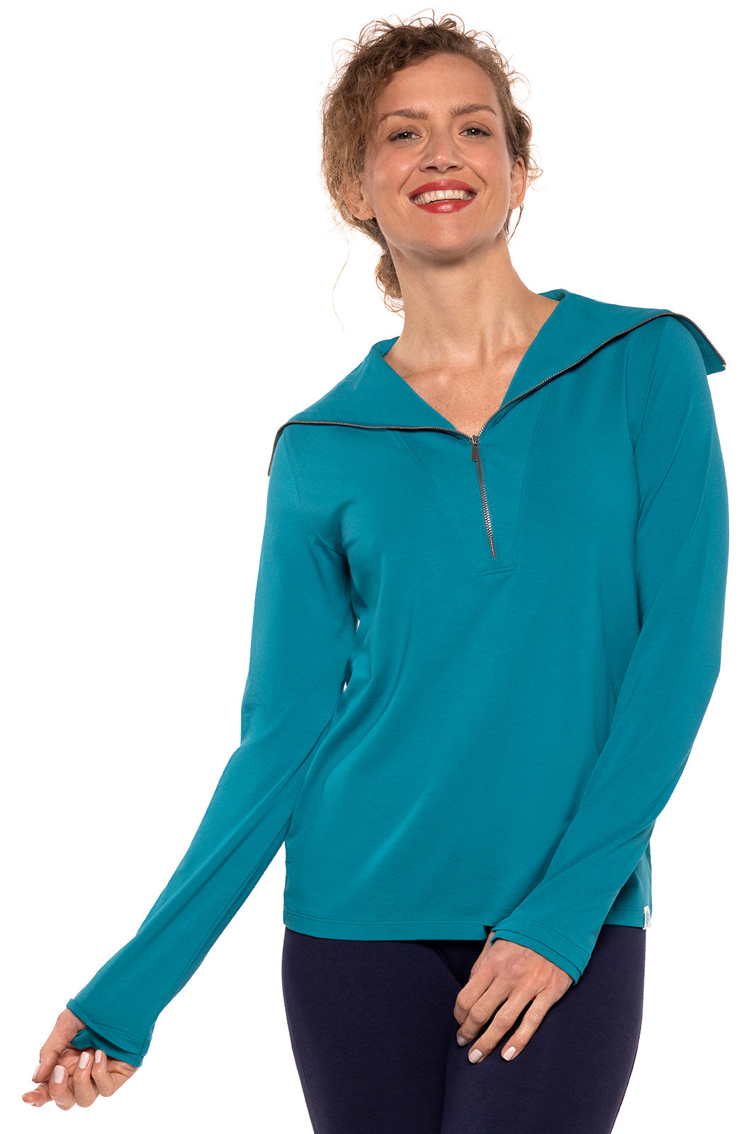 Women's Collins 3/4 Zip Pullover Sweatshirt - Soft Fleece Lined Hoodie in Tahitian Teal | Casual Lounge Wear for Women, Perfect for Yoga, Running & Outdoor Activities