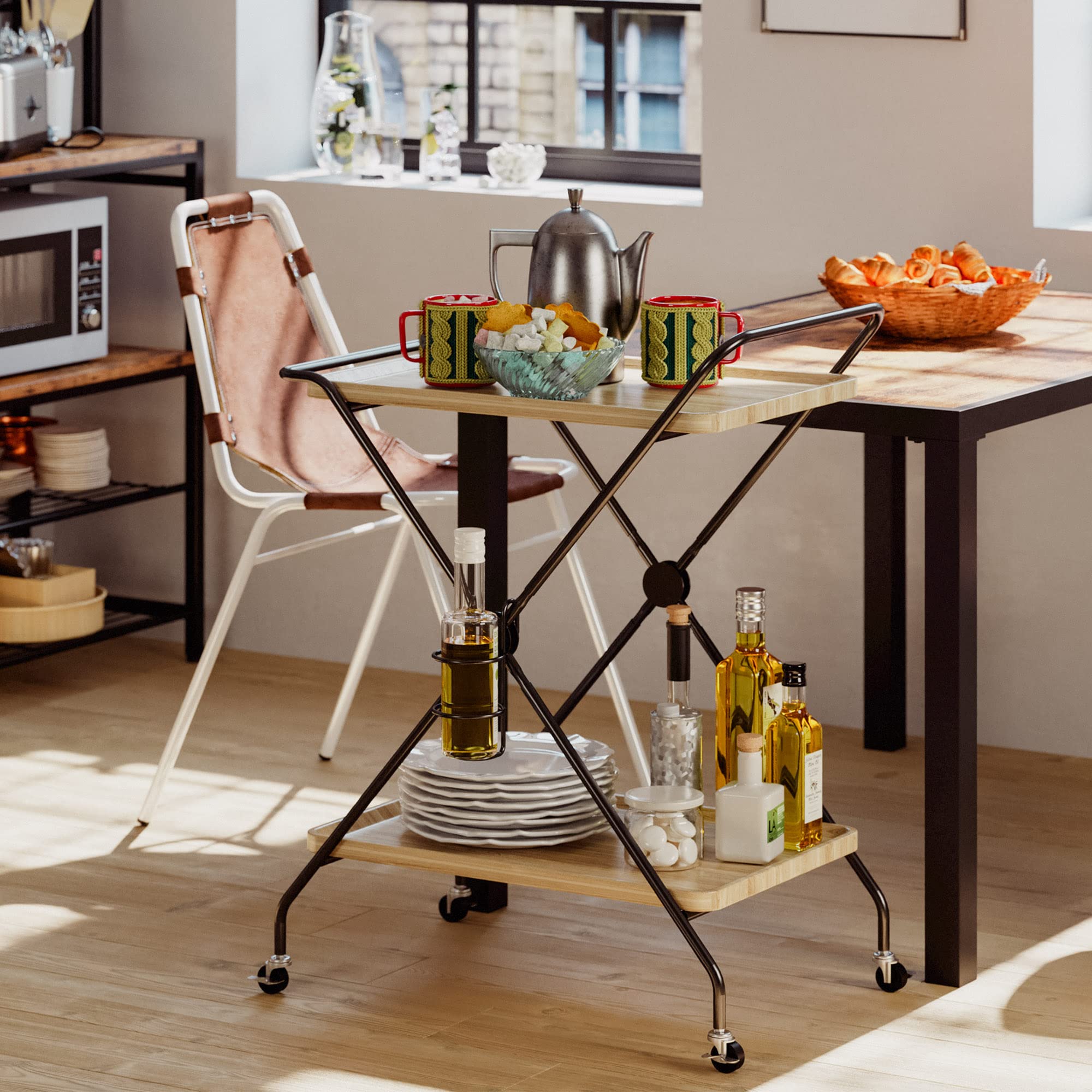 **IRONCK 2-Tier Industrial Bar Cart with Wheels - Mobile Kitchen & Liquor Cart with Glass Holder - Beige/Black - Perfect for Living Room, Dining Room & Home Bar**