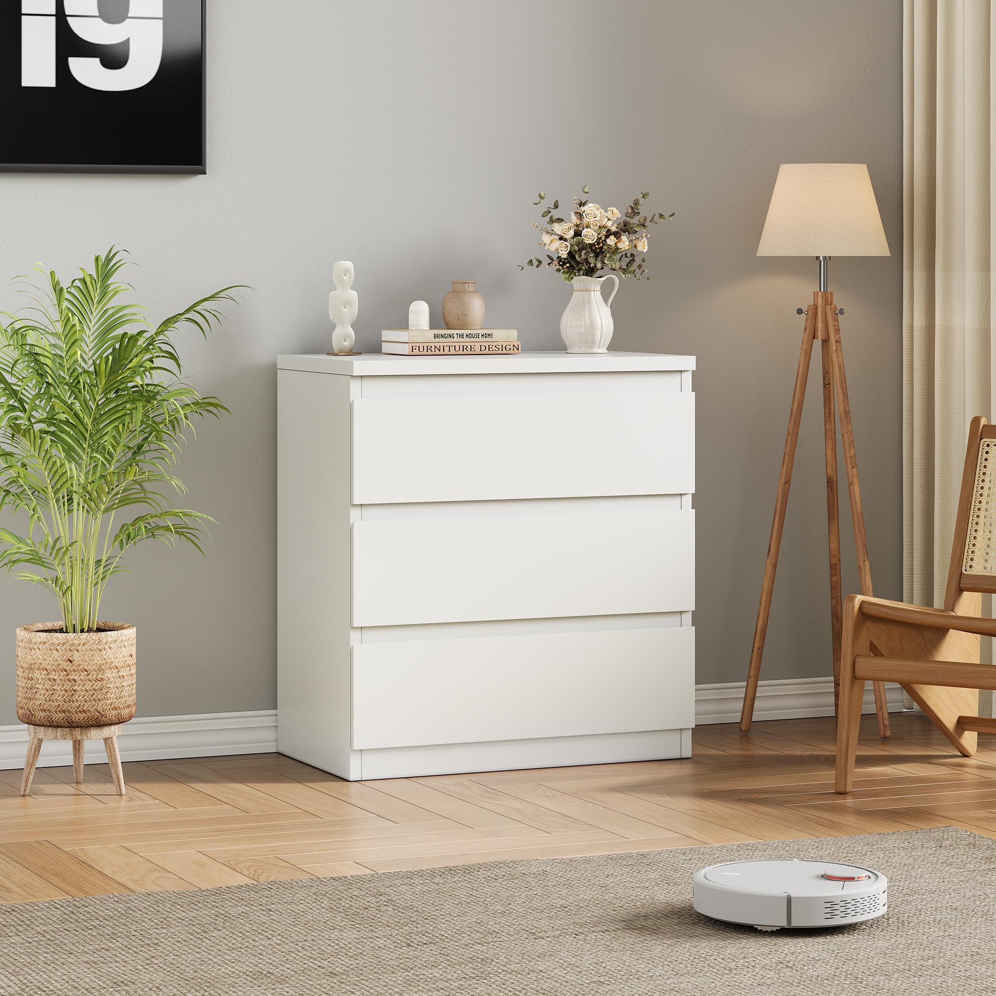 Modern White 3-Drawer Wooden Dresser for Bedroom - Simple Chest of Drawers with Deep Storage - Perfect Nightstand & Entryway Furniture for Living Room, Hallway, or Bedside Organization