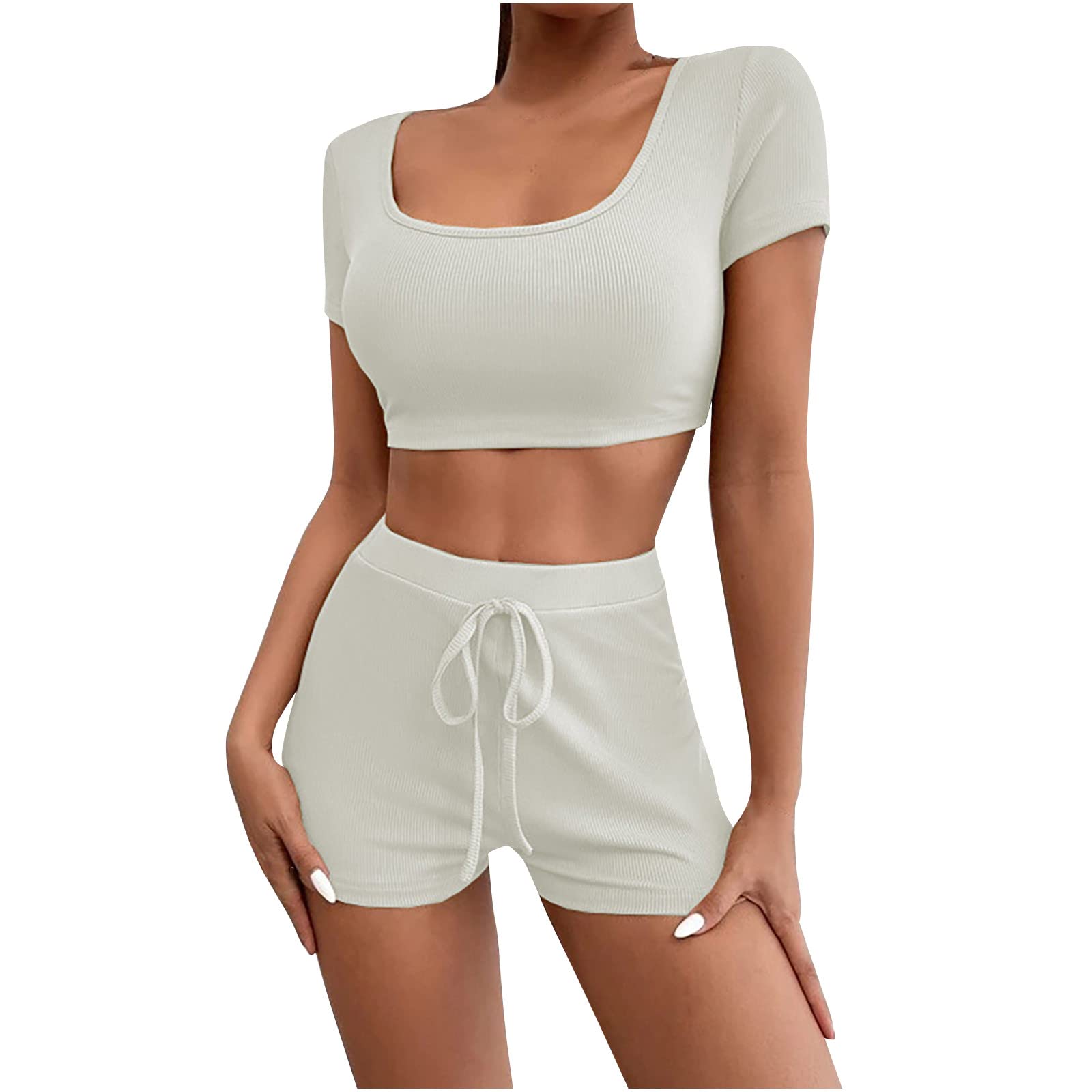 2 Piece Women's Lounge Sets - Soft Waffle Knit Crop Top & Ribbed Shorts, Comfy Short Sleeve Tracksuit for Yoga, Home Wear & Casual Outfits | Sweatsuit Set for Women