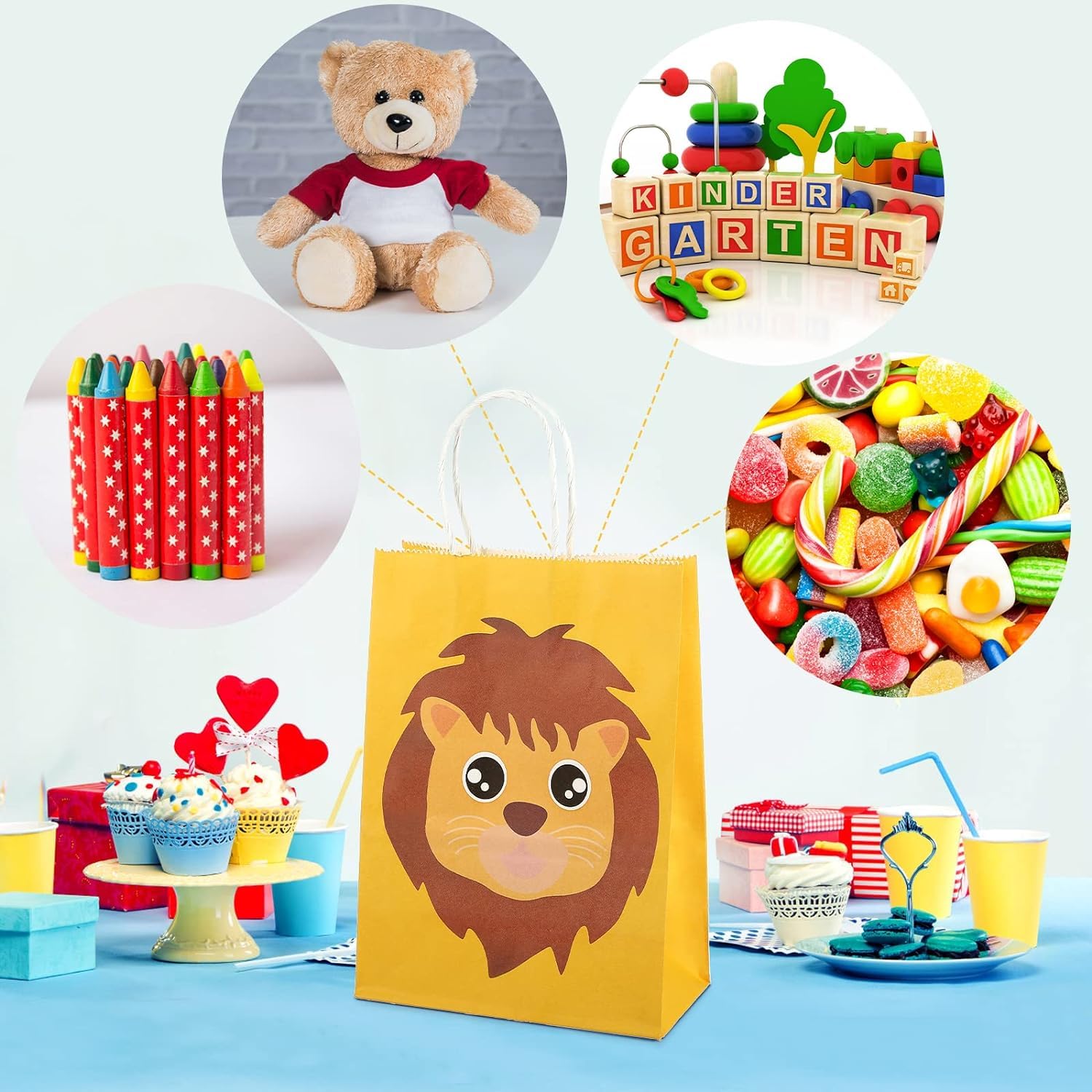 12 Pack Jungle Animal Themed Kraft Paper Treat Bags with Handles - Safari Baby Shower & Kids Birthday Party Favors - Perfect for Candy, Goodie Gifts & Party Decorations
