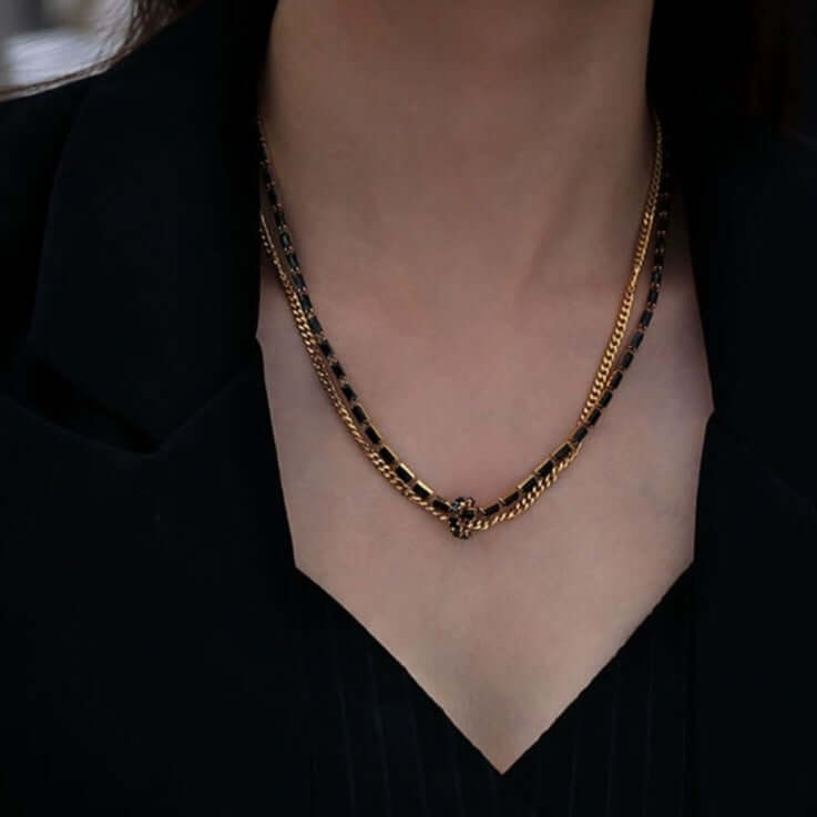 Black and Gold Layered Tennis Chain Necklace for Men & Women | 18K Gold Plated Stainless Steel Hip Hop Jewelry | Perfect for Parties, Gifts & Everyday Wear (QT2203)