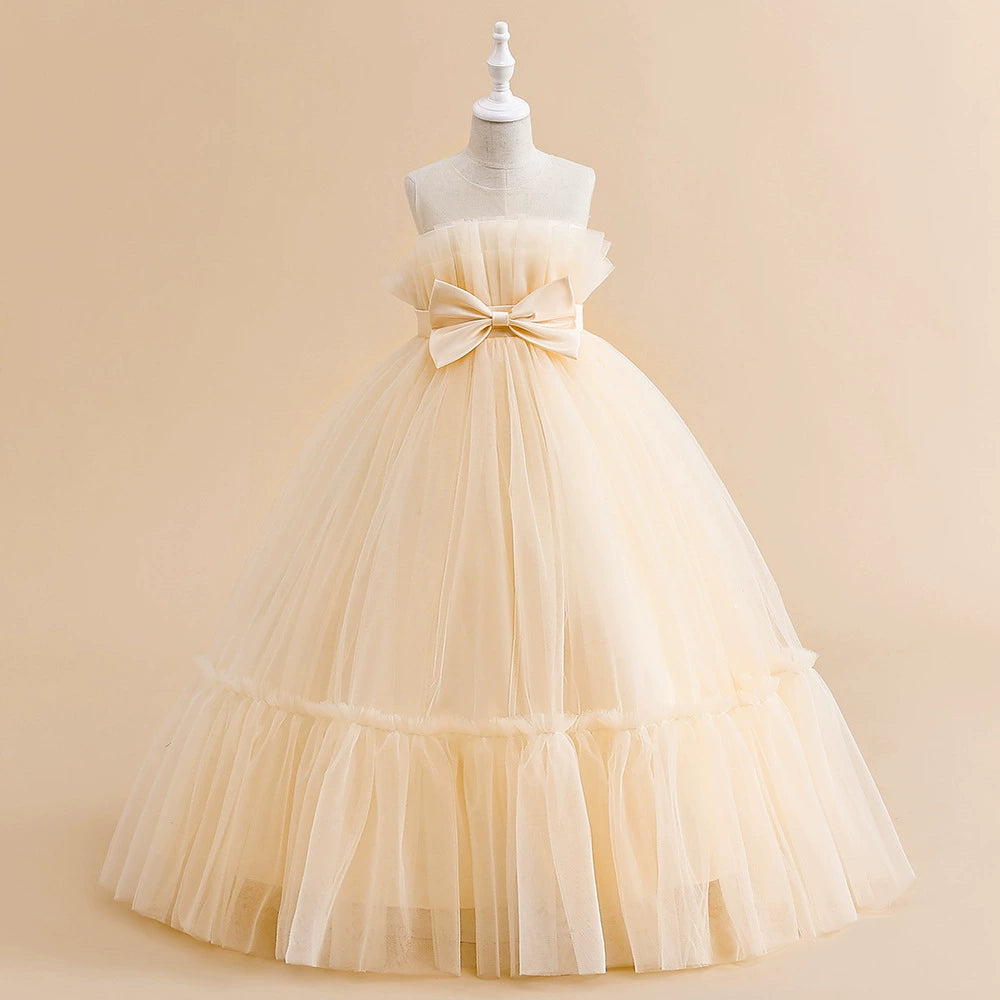 Champagne Princess Round Floor-Length Tulle Flower Girl Dress for Weddings & Special Occasions - Elegant Flower Girl Attire for Bridal Parties, First Communion & Formal Events