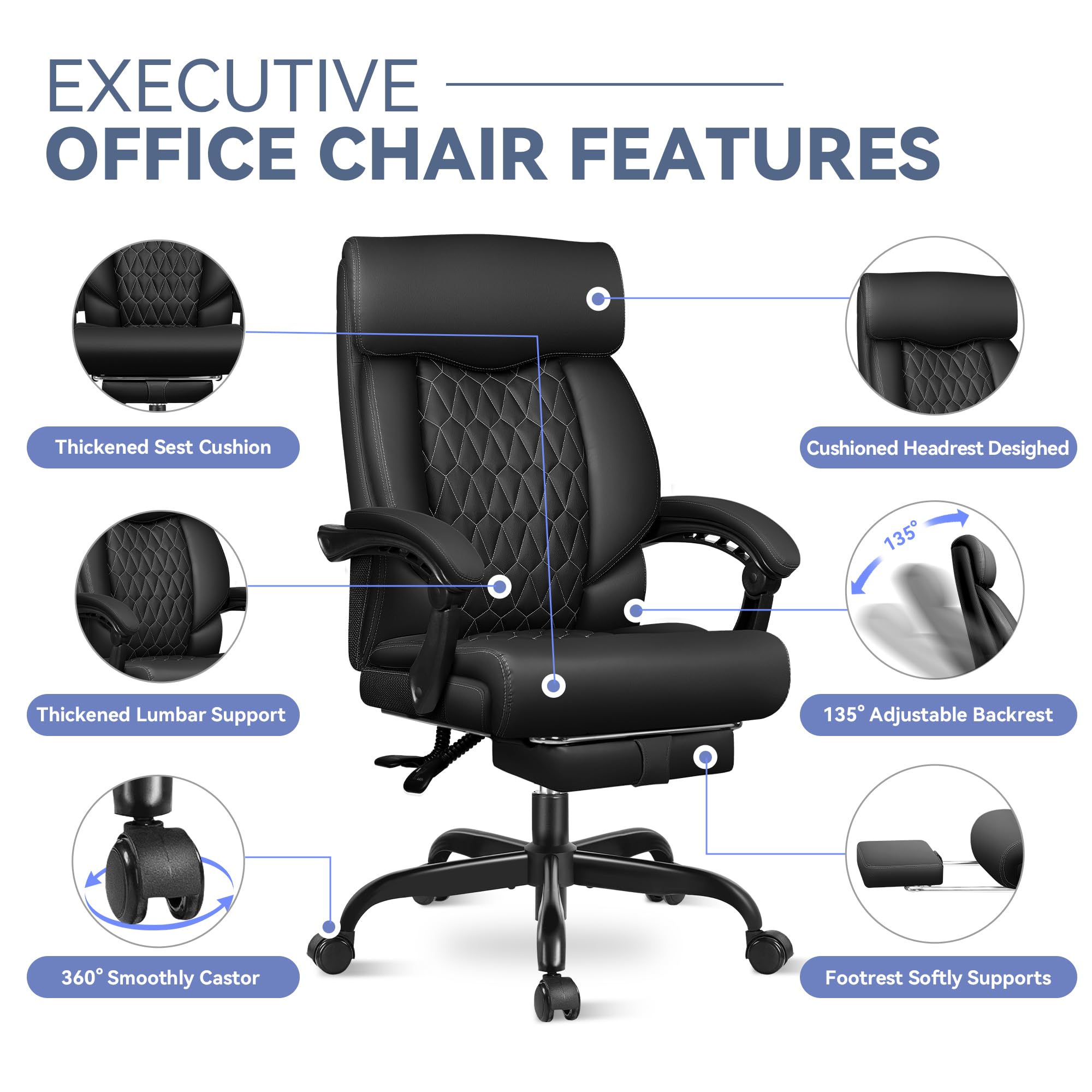 Big and Tall Office Chair with Footrest - High Back Ergonomic Executive Leather Desk Chair with Lumbar Support - Perfect for Home Office, Gaming & Workspace Comfort