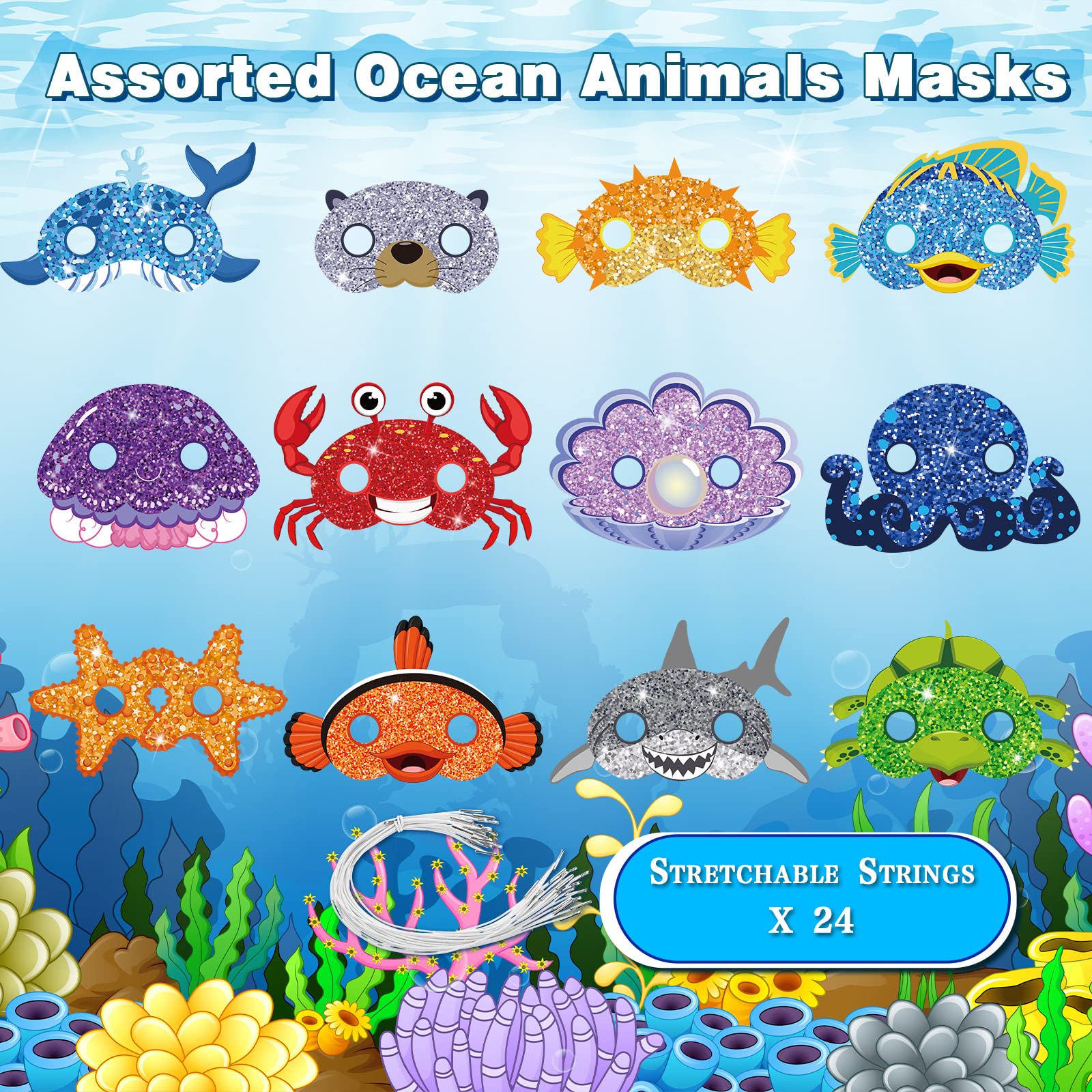 24 Pack Under the Sea Animal Masks for Kids - Ocean Themed Birthday Party Supplies, Baby Shower Favors & Costume Accessories for Boys and Girls - Perfect for Themed Parties, School Plays & Dress-Up Fun