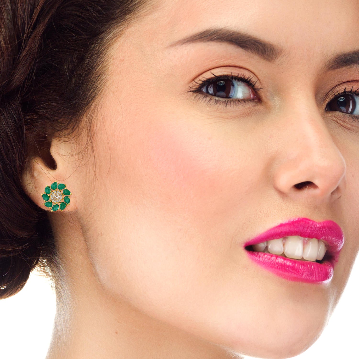 18K Yellow Gold Pear Cut Emerald Prong Uncut Diamond Flower Stud Earrings for Women | Elegant Dainty Jewelry Gift for Wedding, Anniversary & Special Occasions