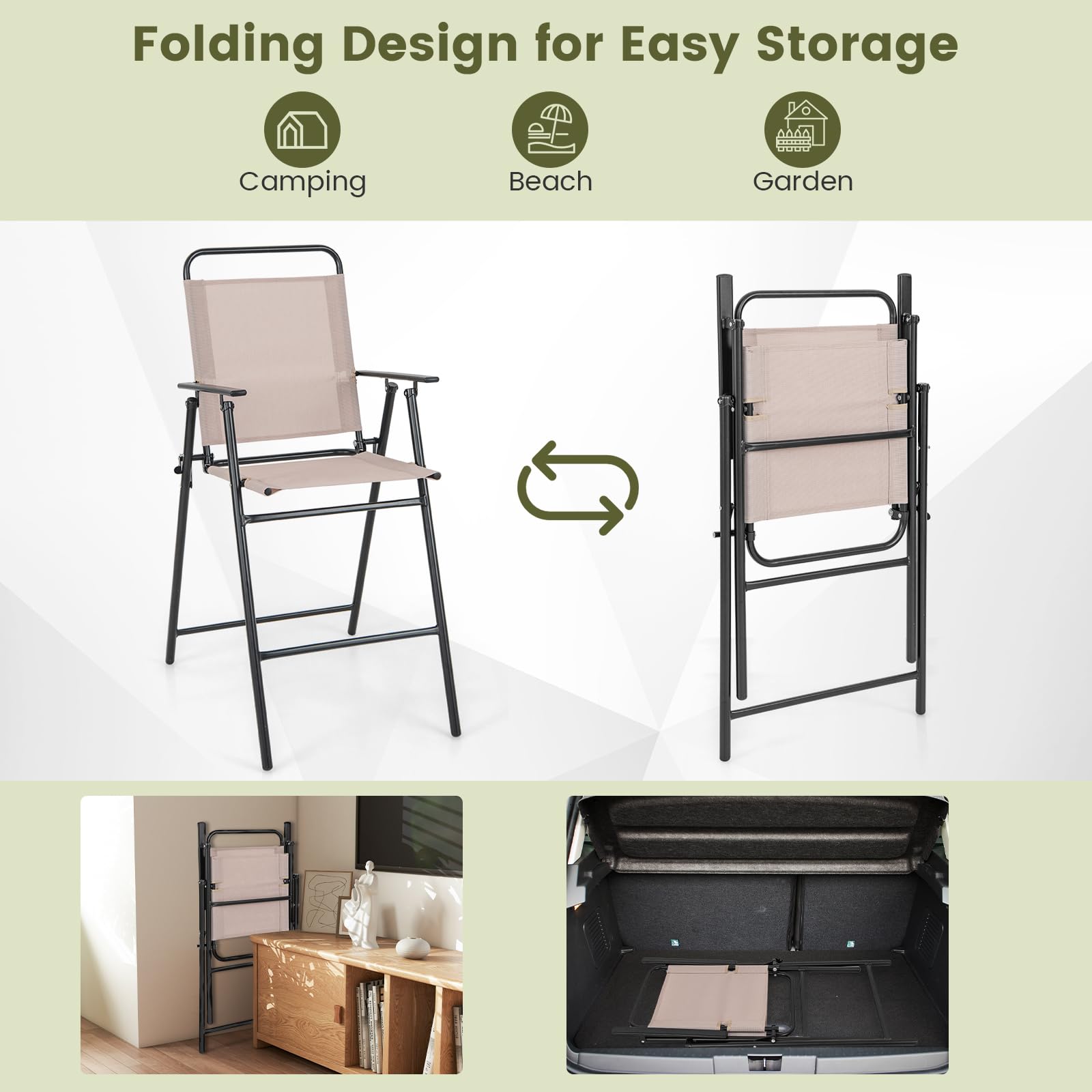 Giantex Outdoor Folding Bar Chair Set of 2 - Patio Bar Stools with Backrest, Armrests & Footrest - Heavy Duty 330 LBS Capacity Metal Frame Bar-Height Chairs for Backyard, Poolside, Balcony, Deck - Perfect for Outdoor Dining, Entertaining & Relaxation