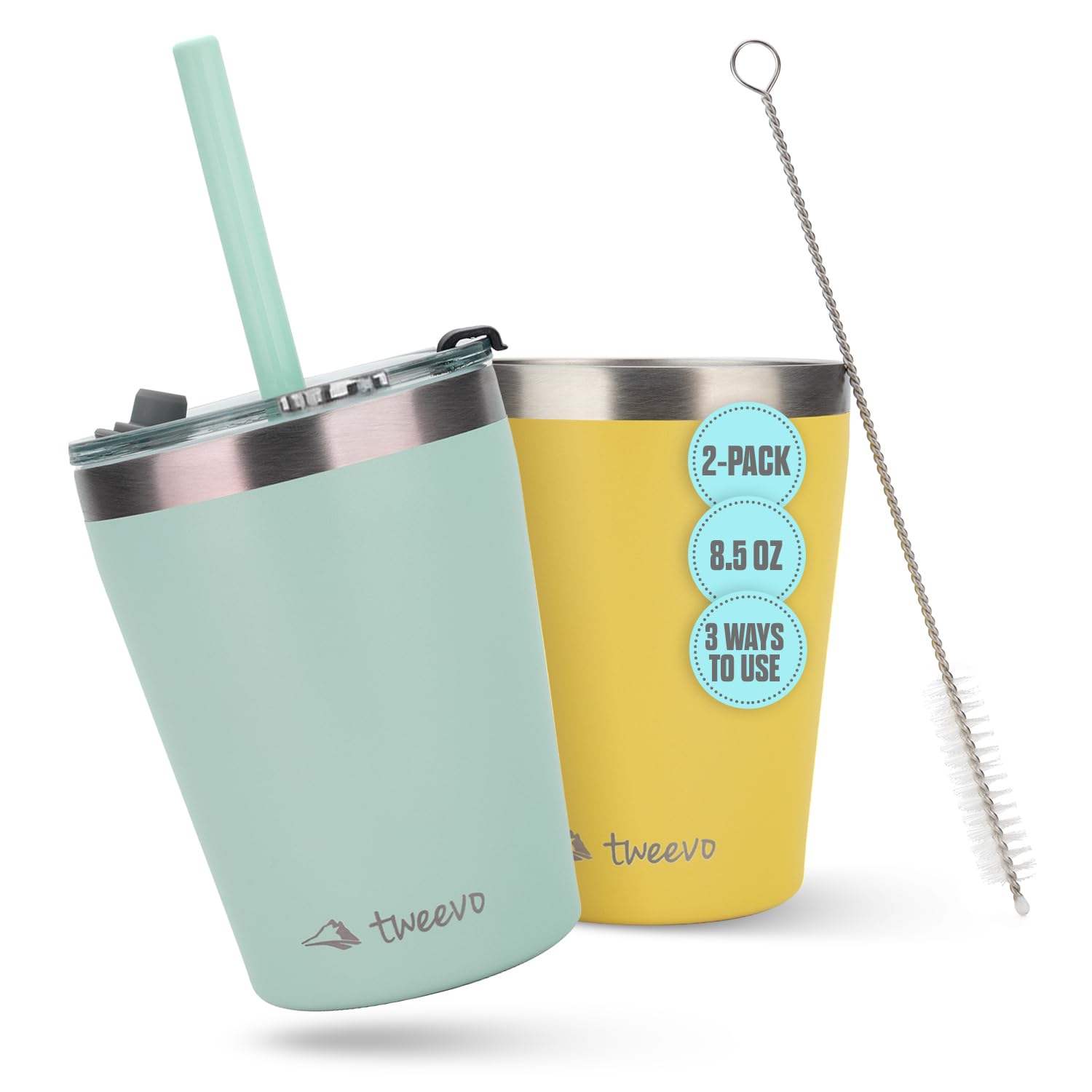 Tweevo 8.5oz Stainless Steel Kids Tumblers with Spill-Proof Screw Lids - Insulated Toddler Cups with Straws & Cleaning Brush - BPA-Free Leakproof Smoothie Cup for Boys Girls (Yellow/Blue) - Perfect for School, Travel, and Outdoor Activities
