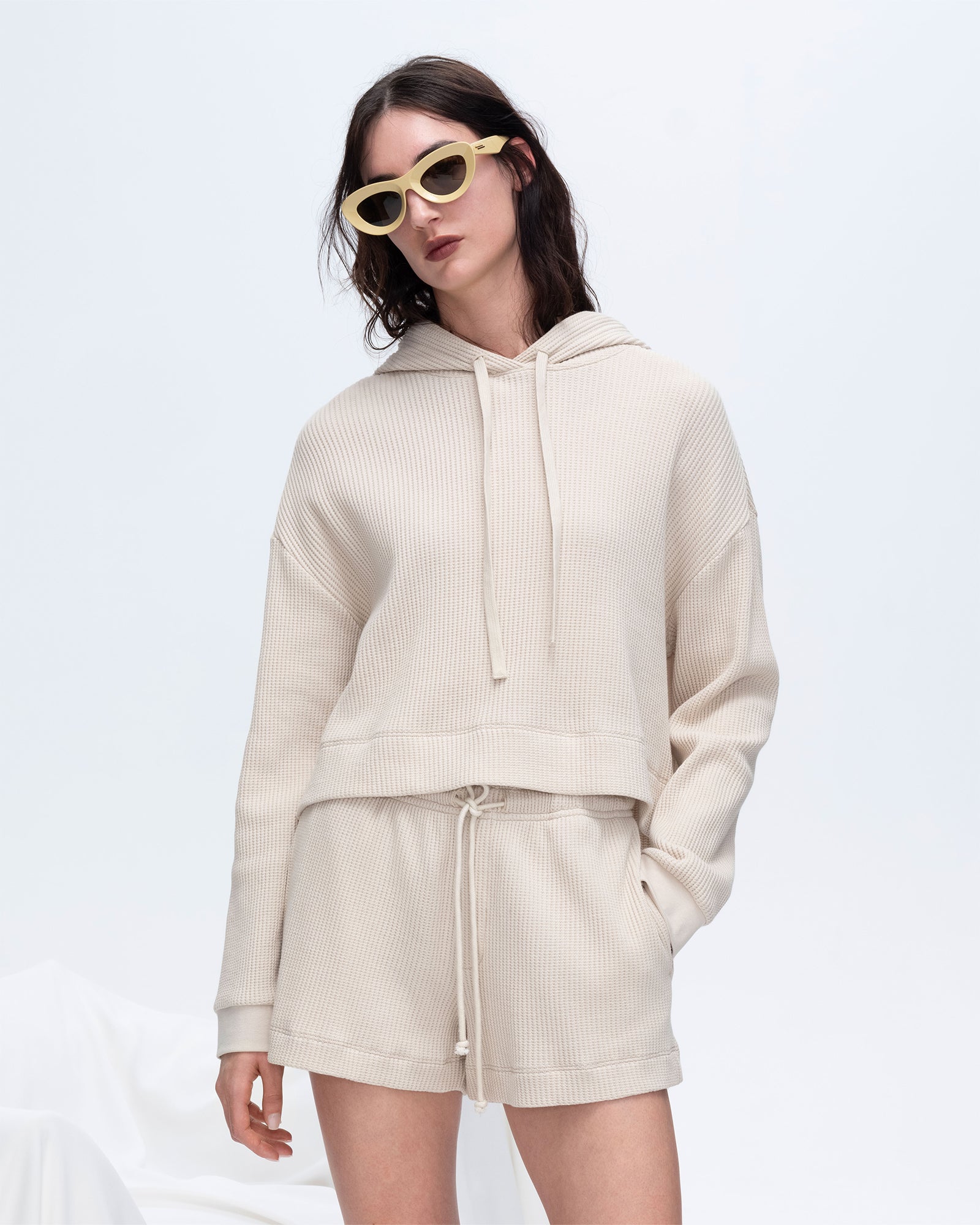 Slub Jersey Waffle Long Sleeve Boxy Hoodie - Soft Beige | Cozy Oversized Pullover for Women & Men | Perfect for Fall Layering, Casual Outfits and Loungewear