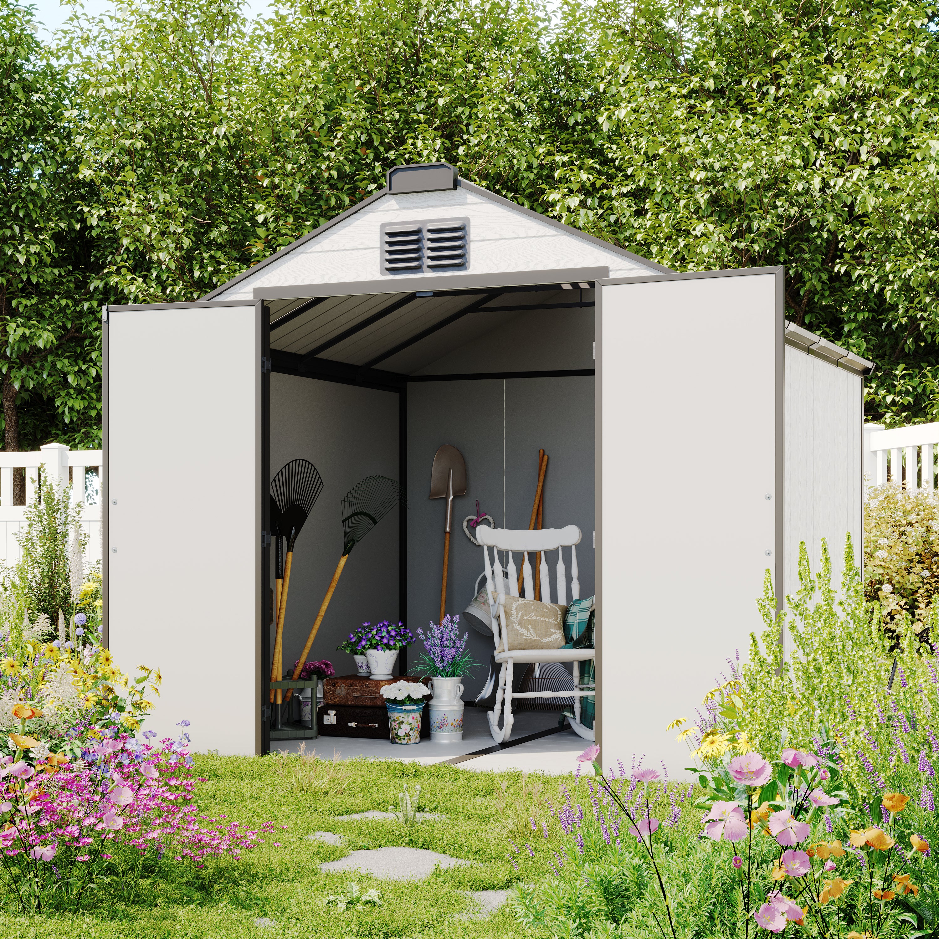 EROMMY 8x8 Outdoor Storage Shed - Heavy Duty Weather Resistant Metal Garden Shed for Backyard, Patio & Lawn Equipment Organization